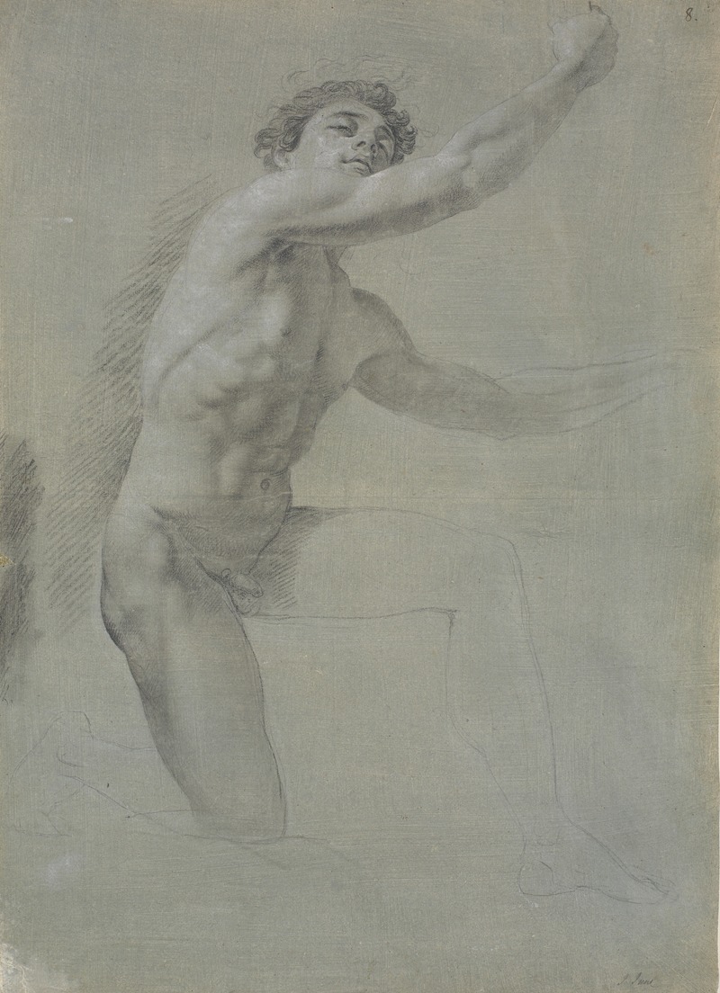 This painting depicts a kneeling model in an unfinished state.