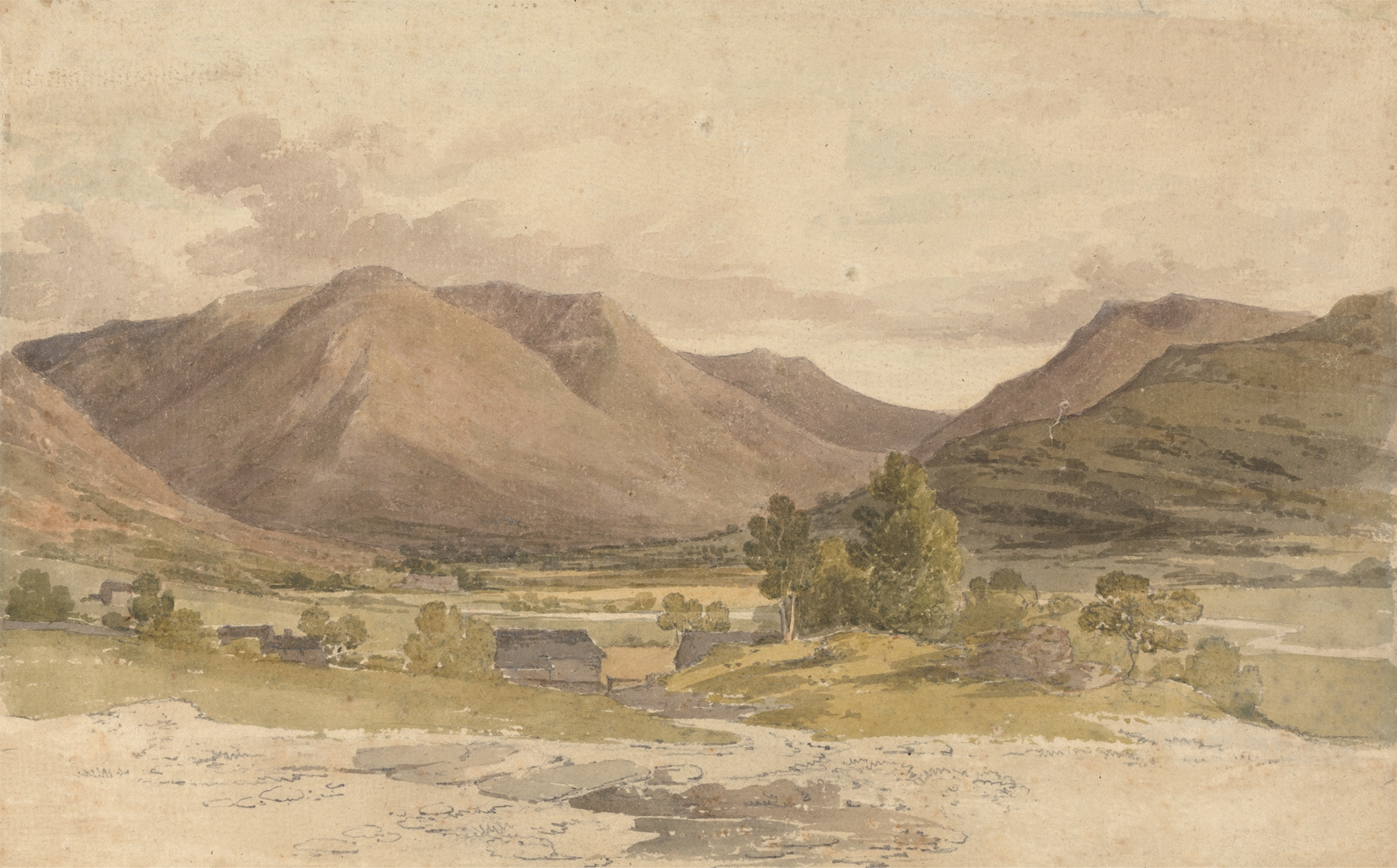Watercolour by Paul Sandby Munn depicting hills and a farm under a cloudy sky.