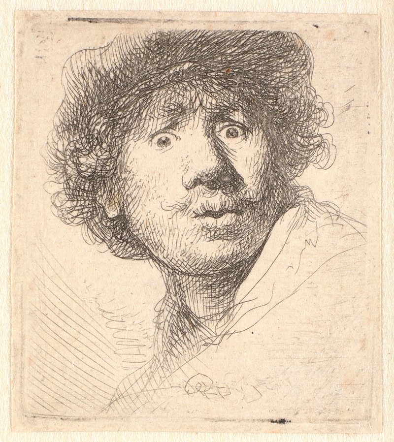 This artwork features a striking portrait of Rembrandt with an expressive gaze.