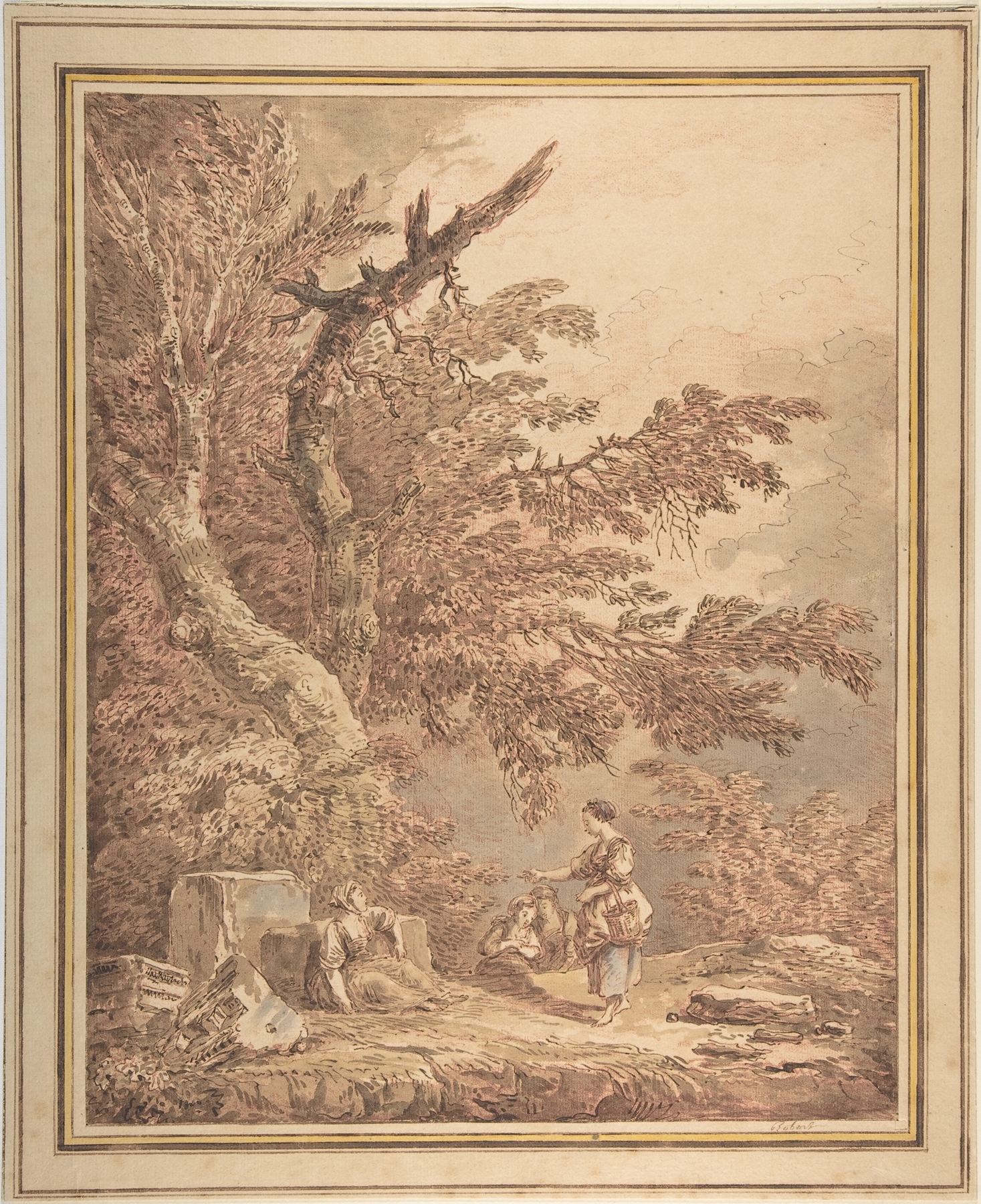 Rococo oil painting by Hubert Robert featuring young women in a landscape with ruins.