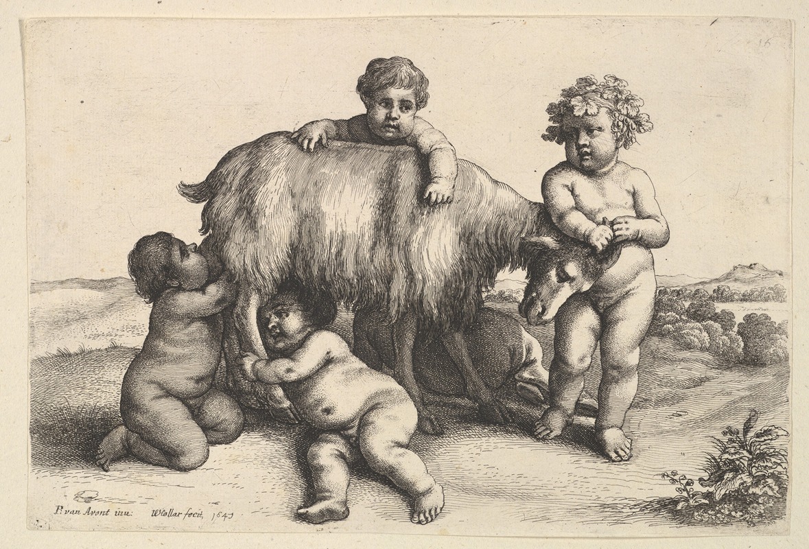 A captivating scene featuring four boys, a young satyr, and a goat.
