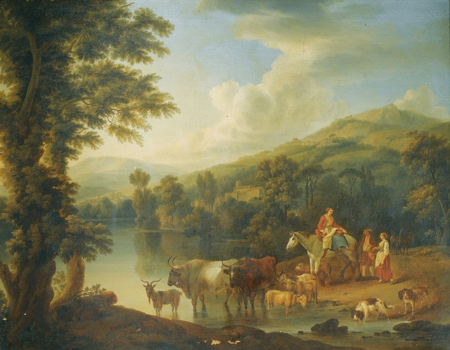 A Wooded River Landscape With A Woman On A Grey Horse With Animals Watering, by Jacob Philipp Hackert, public domain