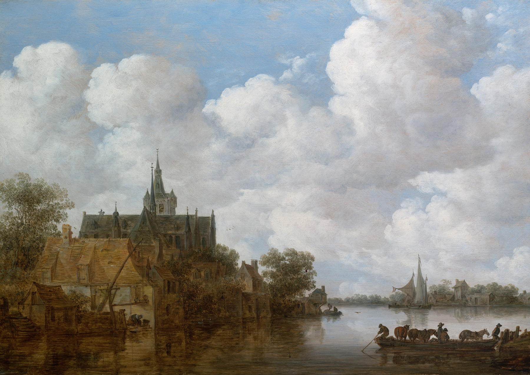 River landscape with a ferry and a church by Jan van Goyen, oil painting