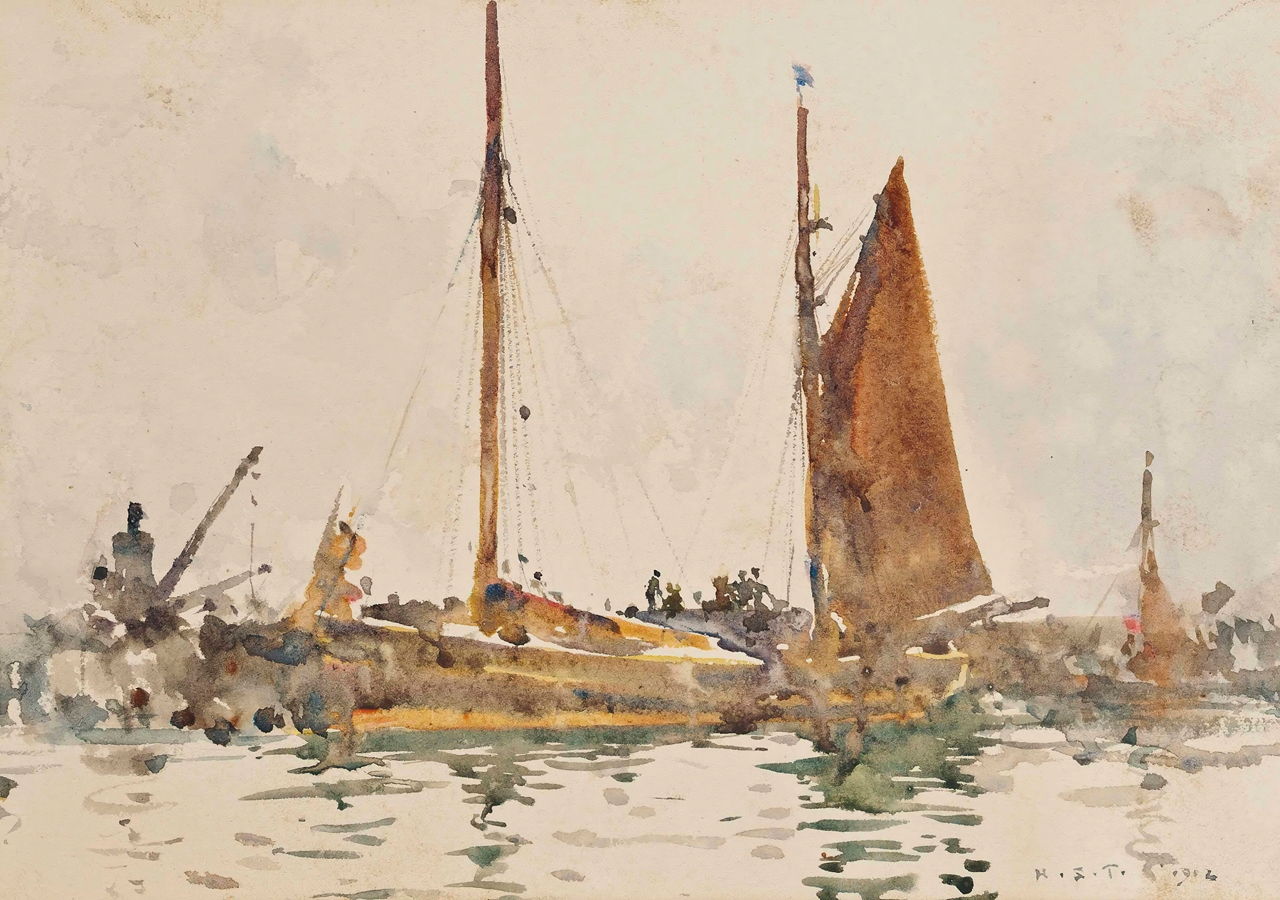 Lowestoft Fishing Boats Moored At Falmouth, by Henry Scott Tuke, public domain