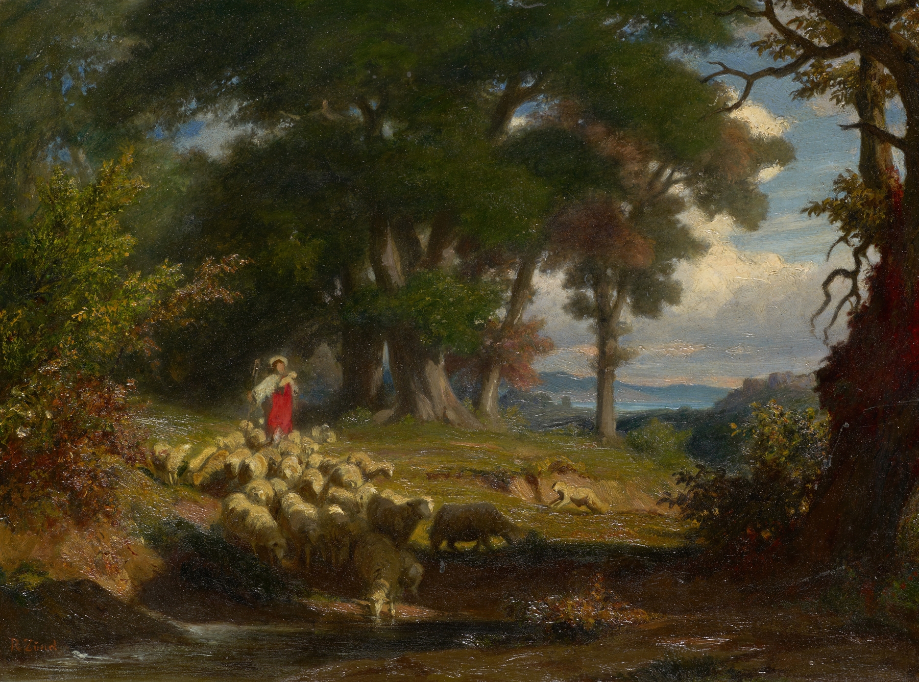 The Good Shepherd by Robert Zünd, oil on canvas showing a shepherd in a pastoral landscape.