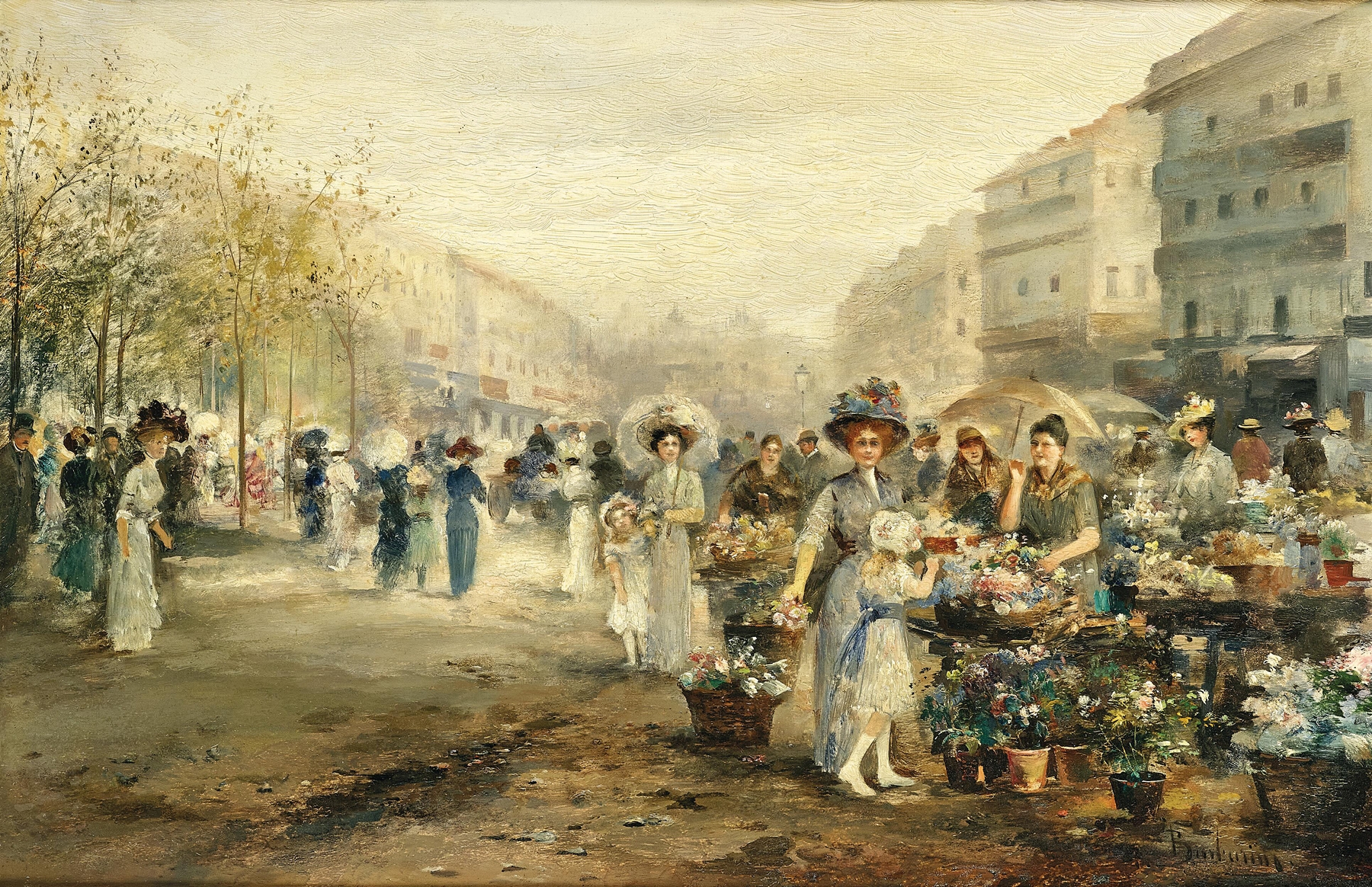 A flower market scene with colorful blossoms, oil on canvas by Emil Barbarini