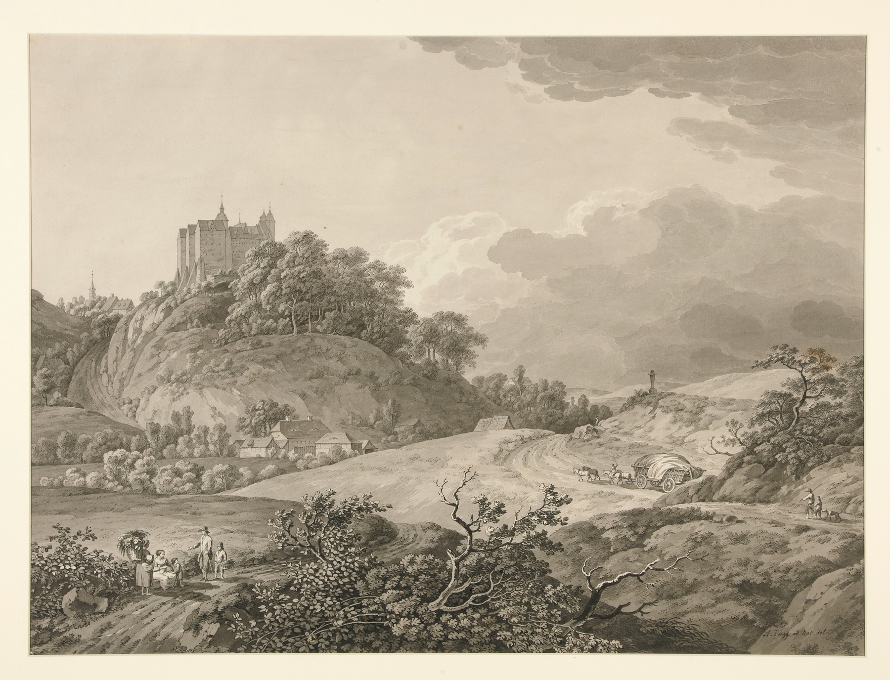 Landscape featuring Nossen Castle by Adrian Zingg, medium unknown.