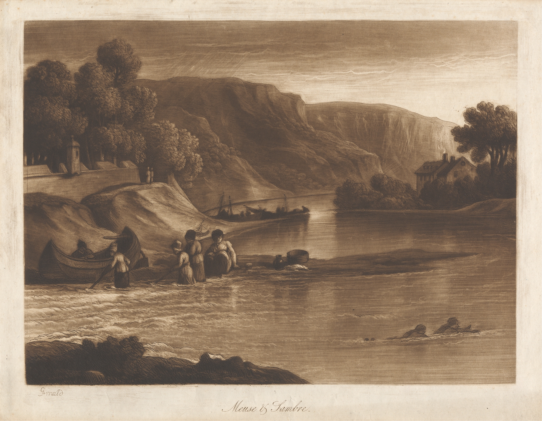 Landscape of Meuse and Sambre by George Arnald, oil painting depicting river and sky.