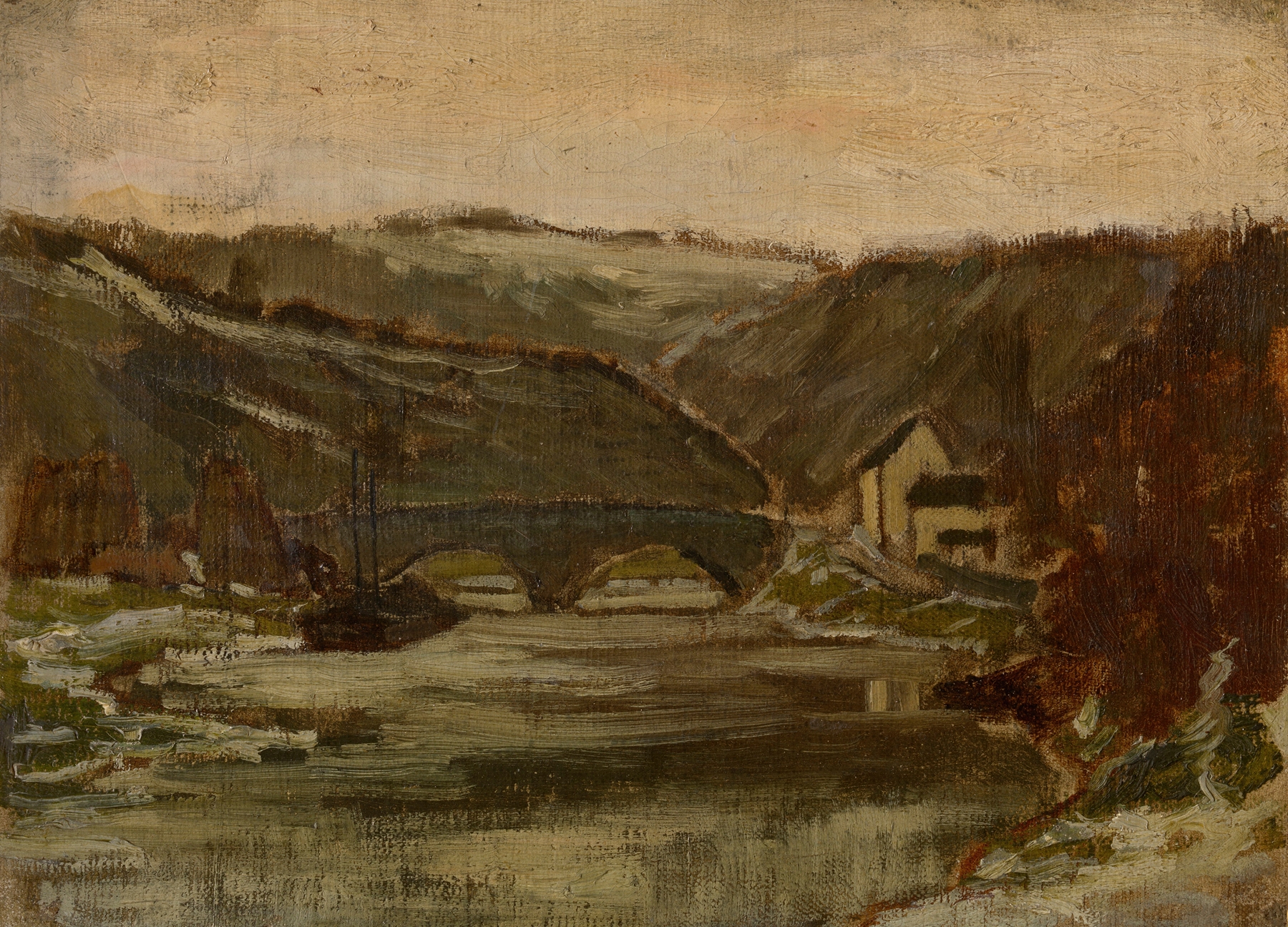Bridge over the River Lesse, oil on canvas by Félicien Rops, depicting a tranquil river and lush greenery.