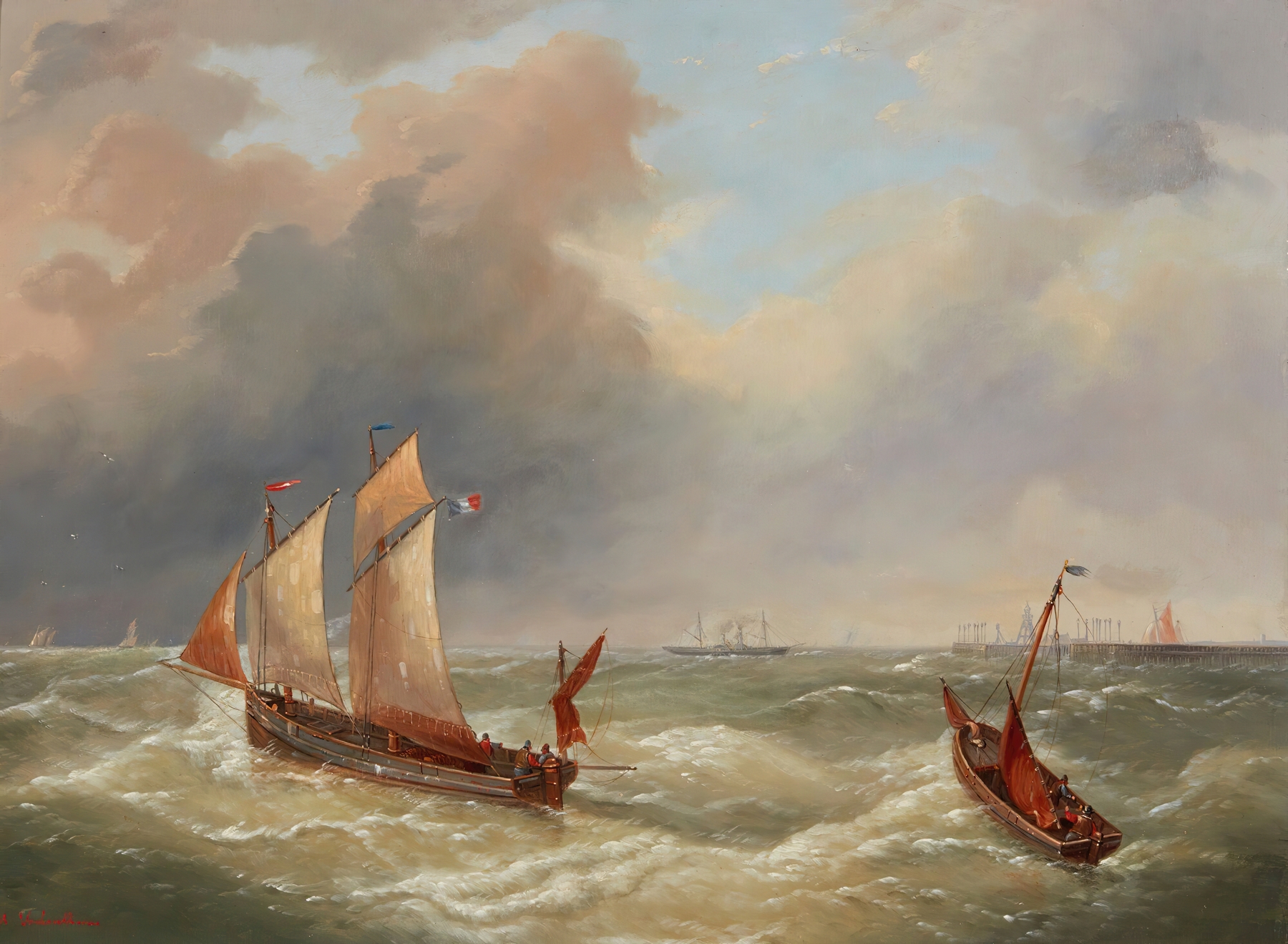 Landscape oil painting by Charles Louis Verboeckhoven depicting dawn with golden light.