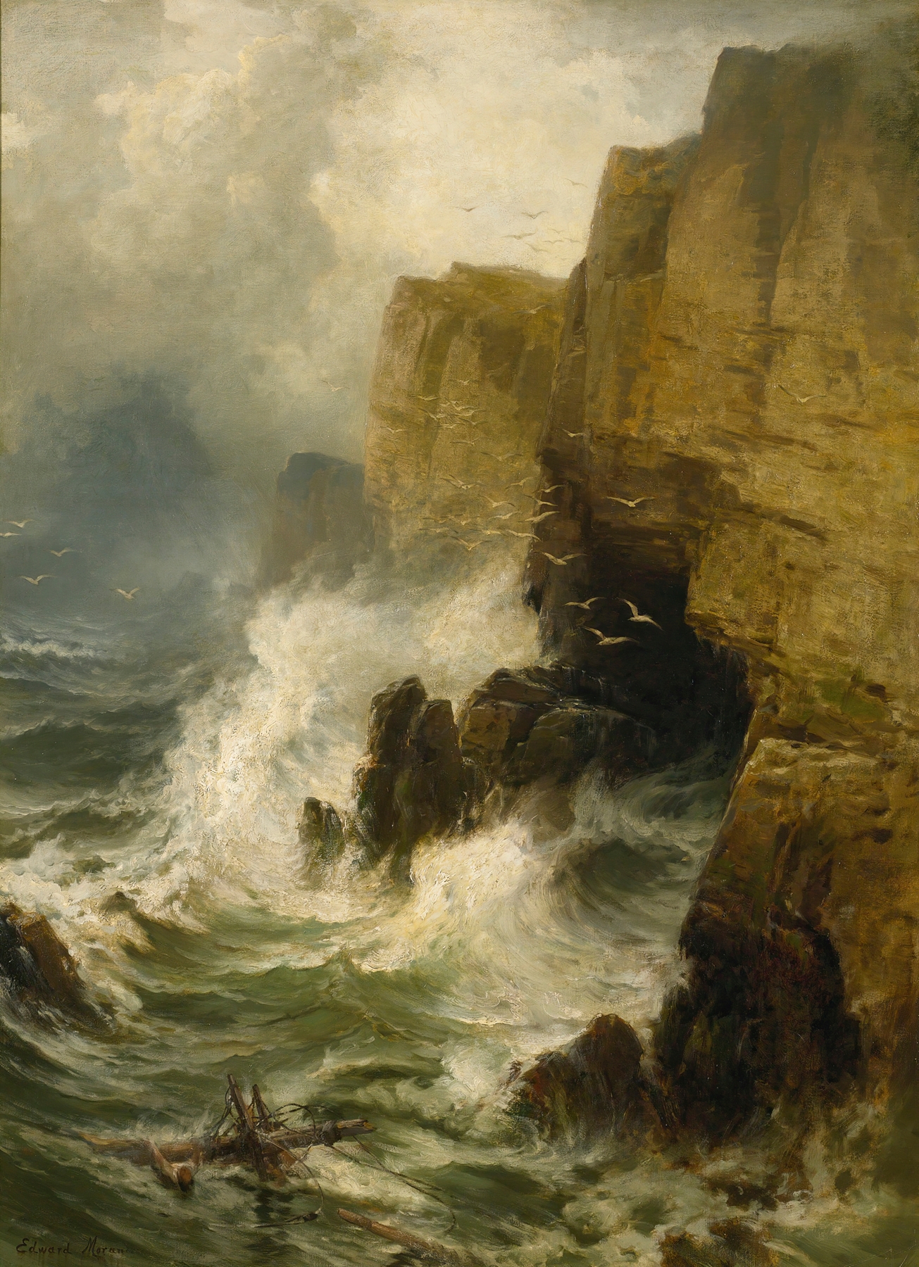 Cliffs In A Storm, by Edward Moran, public domain