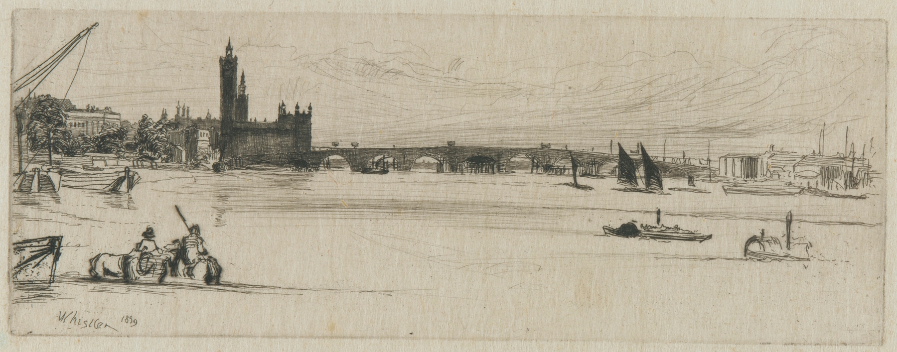 Old Westminster Bridge by James Abbott McNeill Whistler, oil on canvas, depicting the Thames and the bridge.
