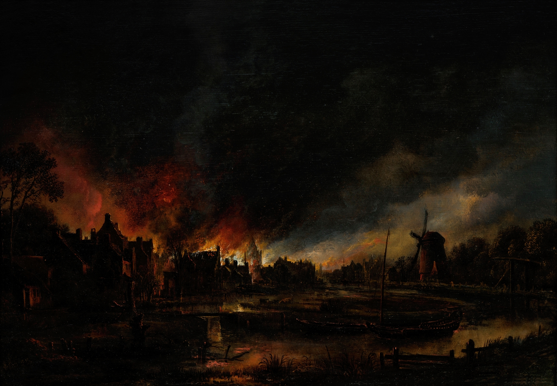 Fire in a Village at Night by Aert van der Neer, oil painting depicting flames illuminating a dark sky.