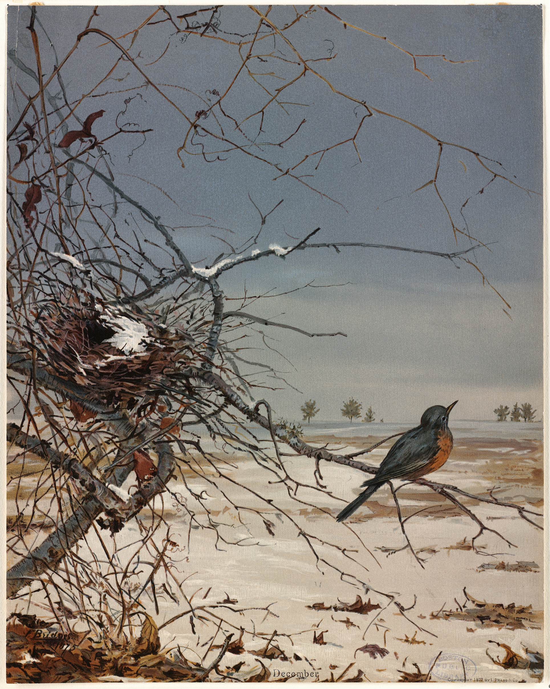 December by Fidelia Bridges, oil painting of a bare branch illuminated by winter light.