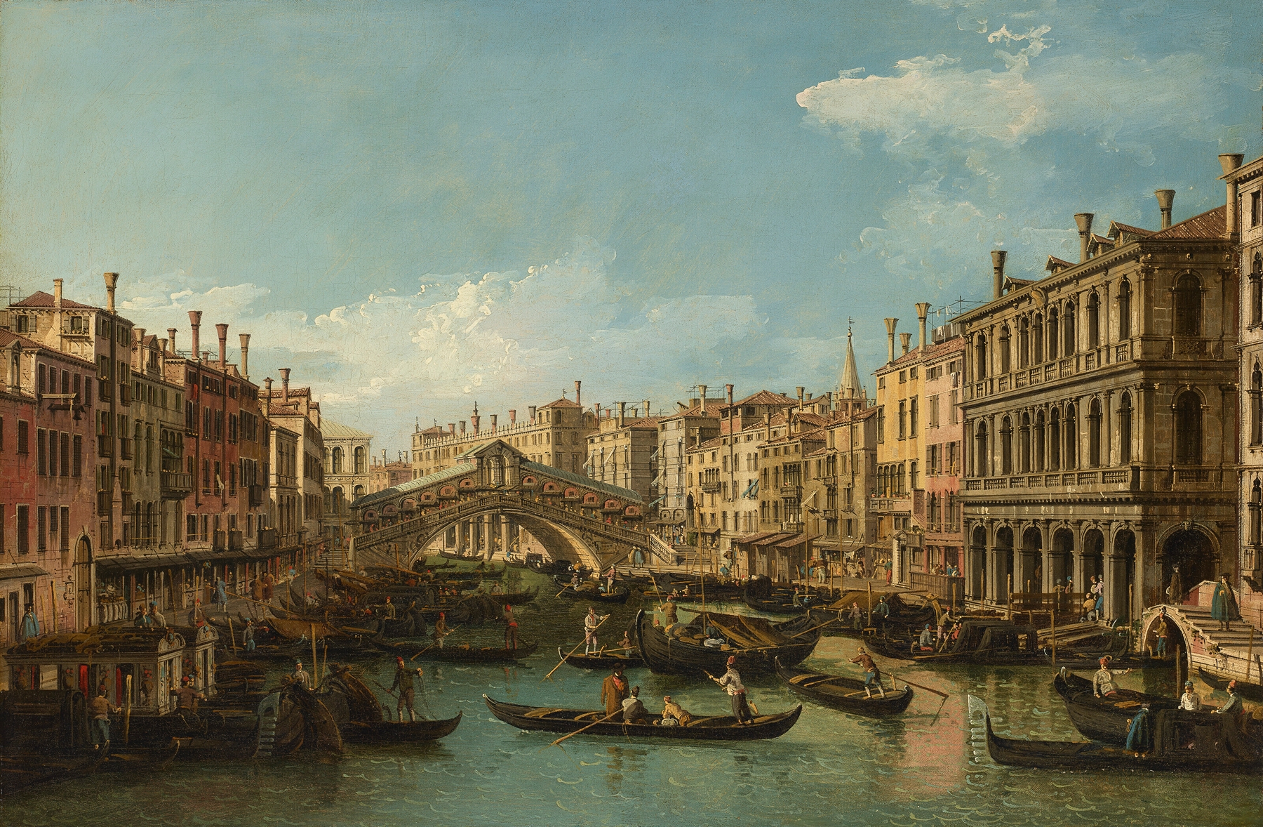 Venice, the Grand Canal with the Rialto Bridge seen from the South, by Bernardo Bellotto, public domain