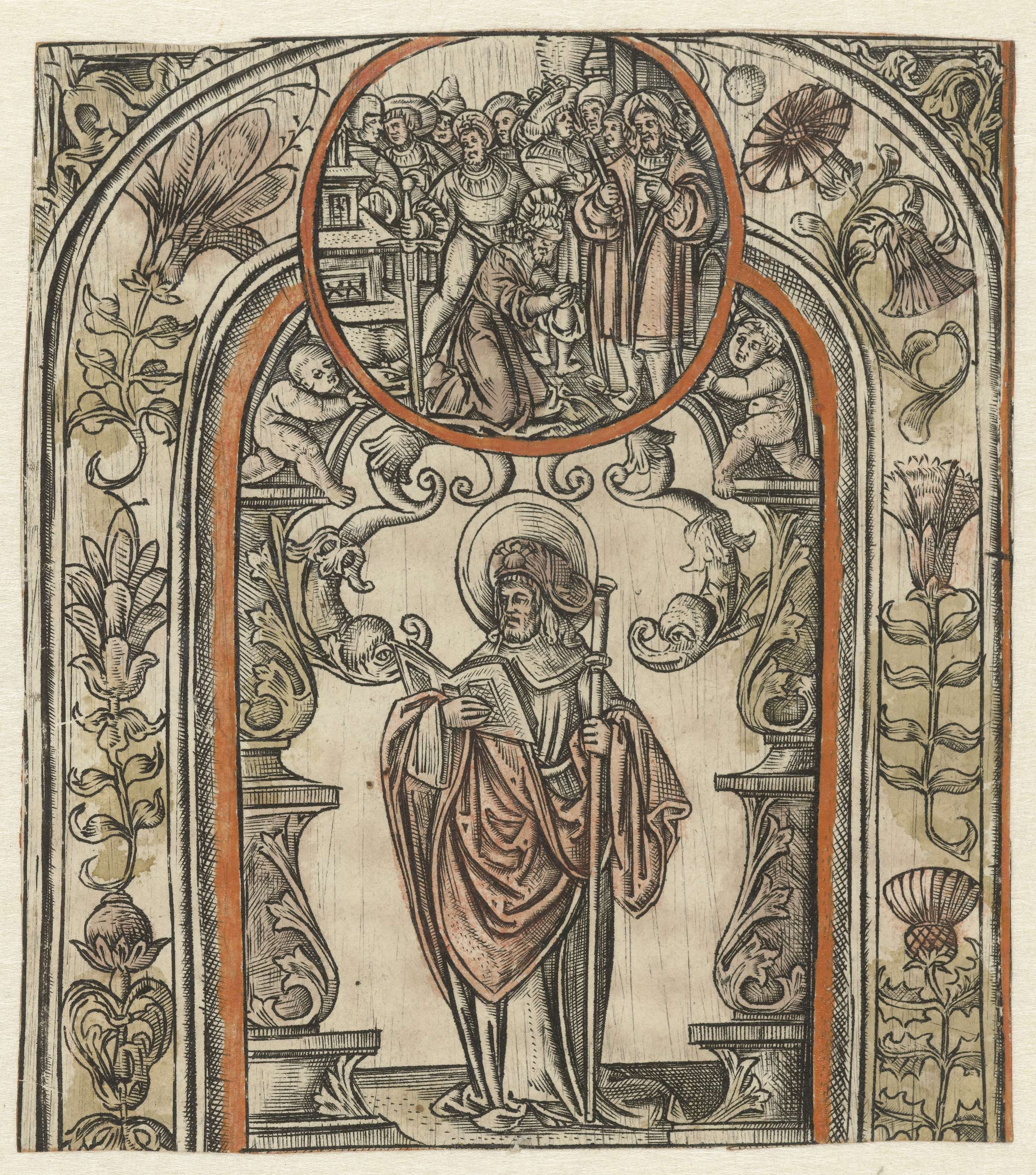 Engraving by Allaert Claesz depicting Saint James Major in rich garments