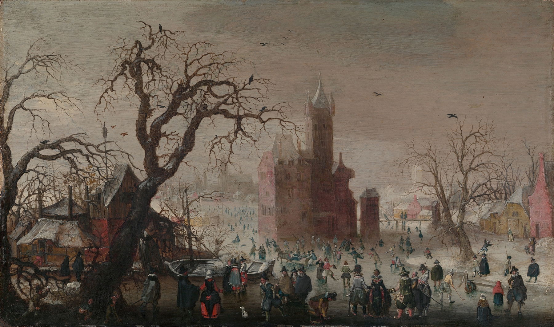 Winter landscape with ice skaters and an imaginary castle, oil painting by Christoffel van den Berghe.