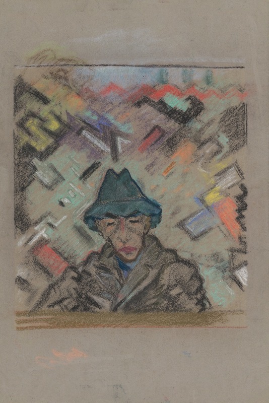 This artwork features a man in a hat against a decorative background.