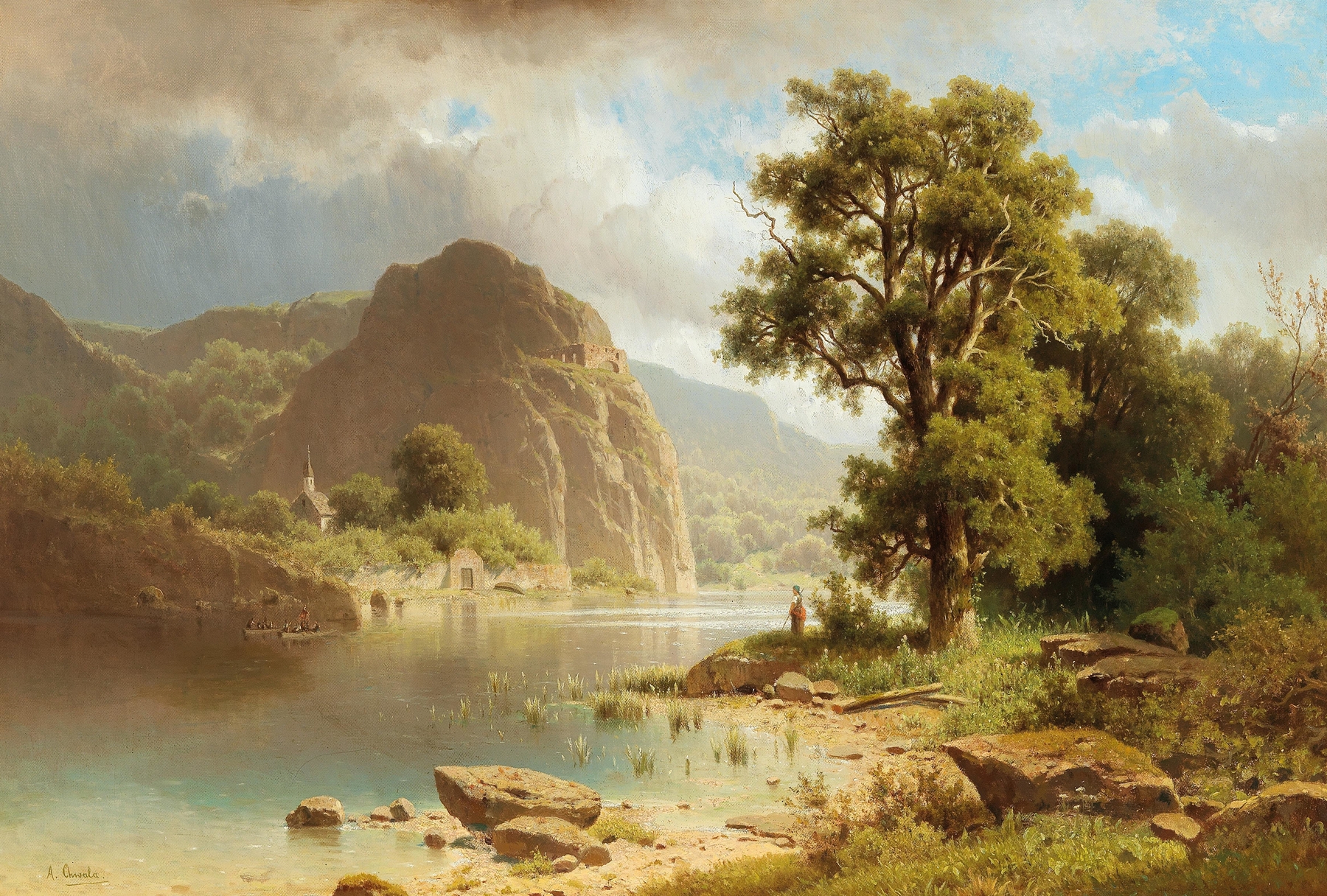 A lake landscape by Adolf Chwala, featuring water and sky reflections, medium unknown.