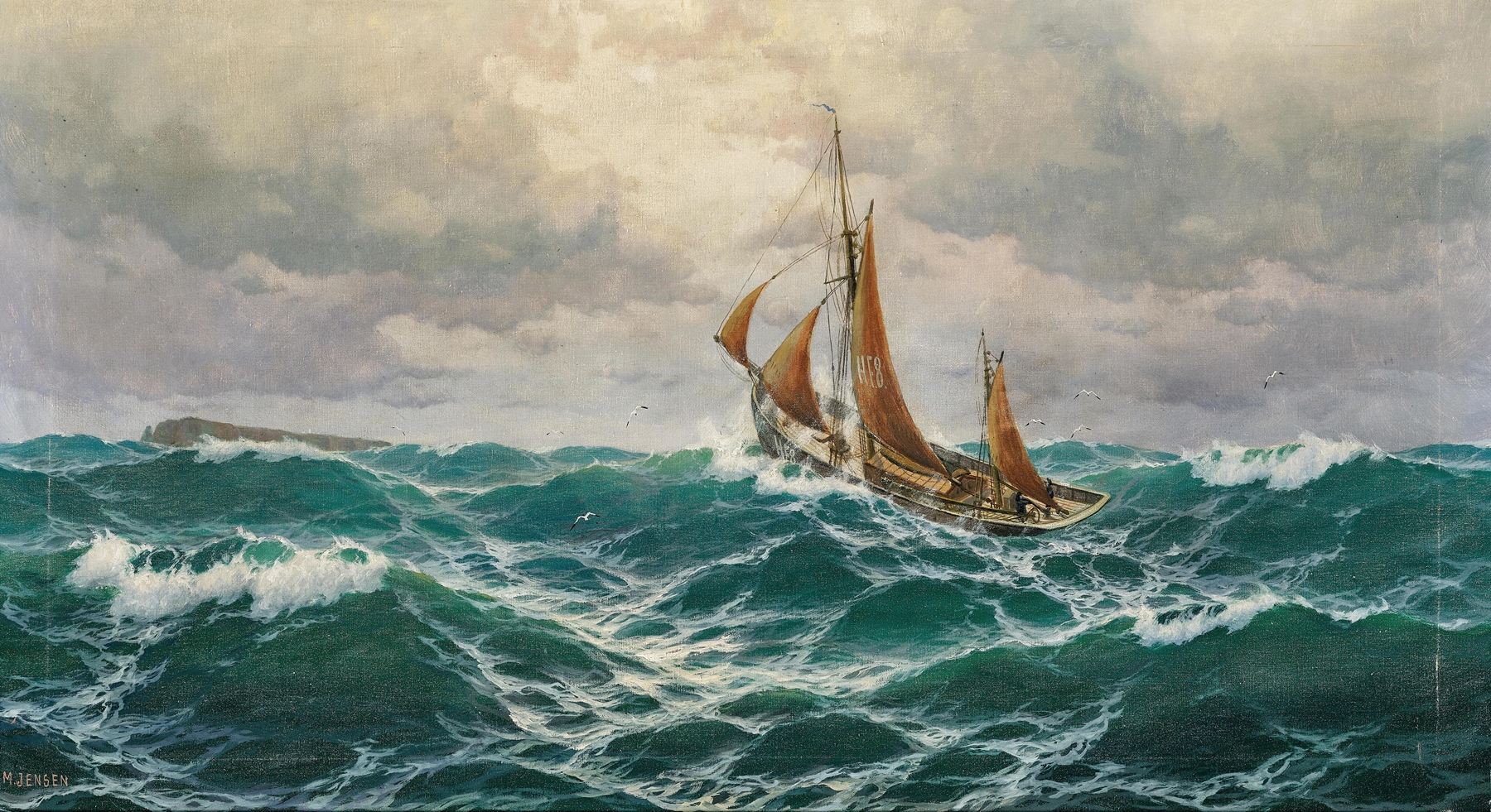Seascape featuring a fisherman casting his line, by Max Jensen, oil painting.