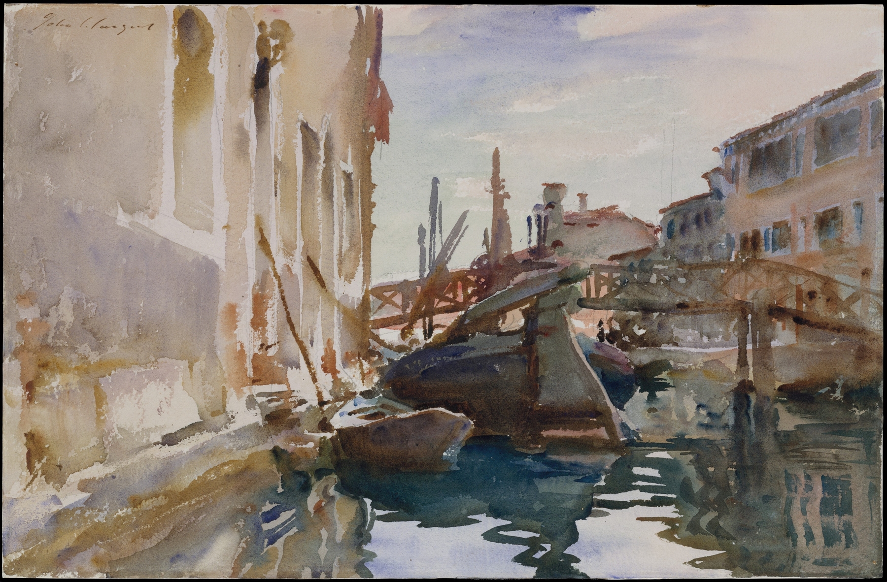 Giudecca by John Singer Sargent, oil on canvas depicting a sunset over tranquil water.