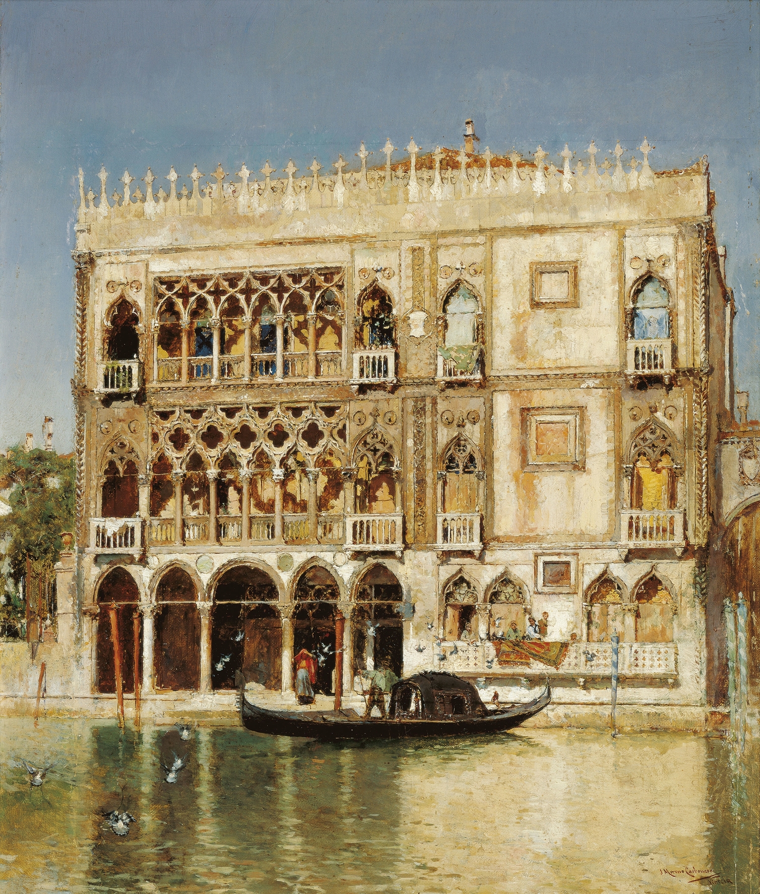 Ca d’Oro by José Moreno Carbonero, oil painting of a canal-side palace at dusk
