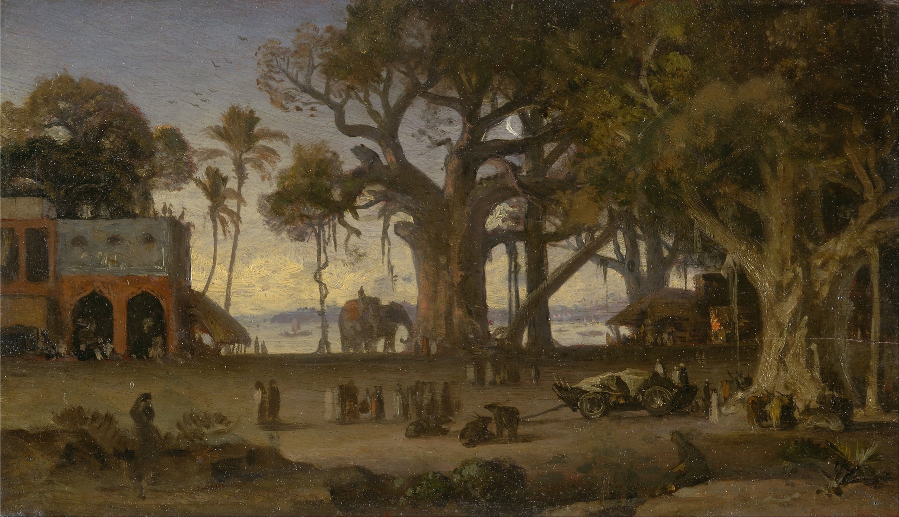 Moonlit scene with Indian figures and elephants among banyan trees, Auguste Borget