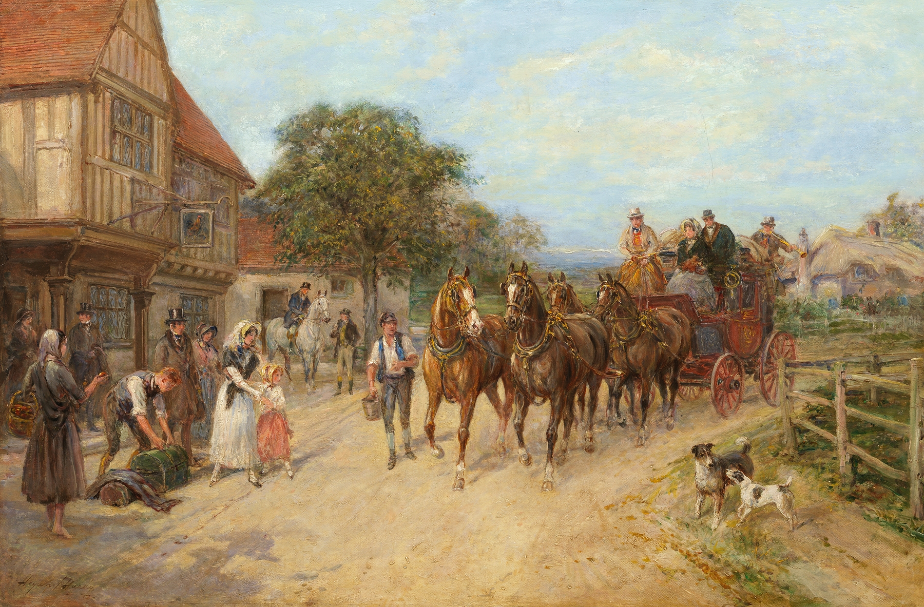 Arrival of the Coach by Heywood Hardy, oil on canvas depicting a coach in a serene landscape