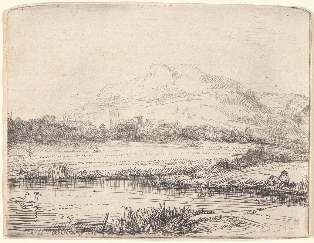 A serene landscape featuring an angler and two swans by Rembrandt.