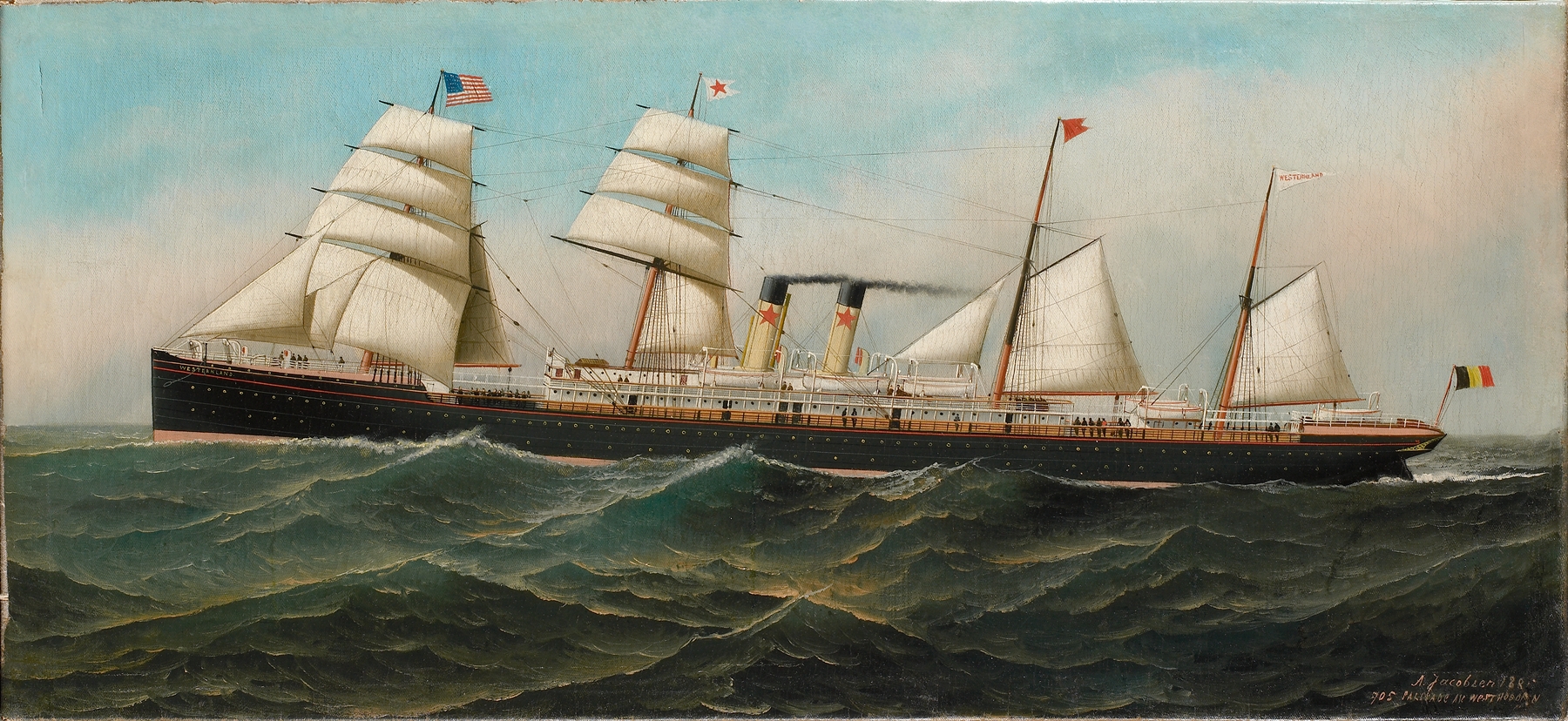 Stoomschip met hulpzeilvermogen ‘Westernland’ van de Red Star Line, by Antonio Jacobsen, public domain