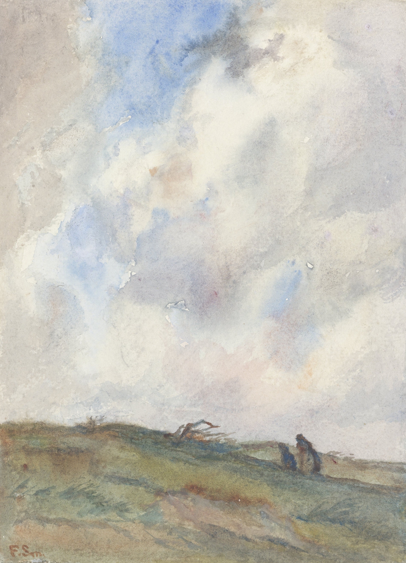 Duinlandschap bij storm met twee figuren, by Frans Smissaert, public domain