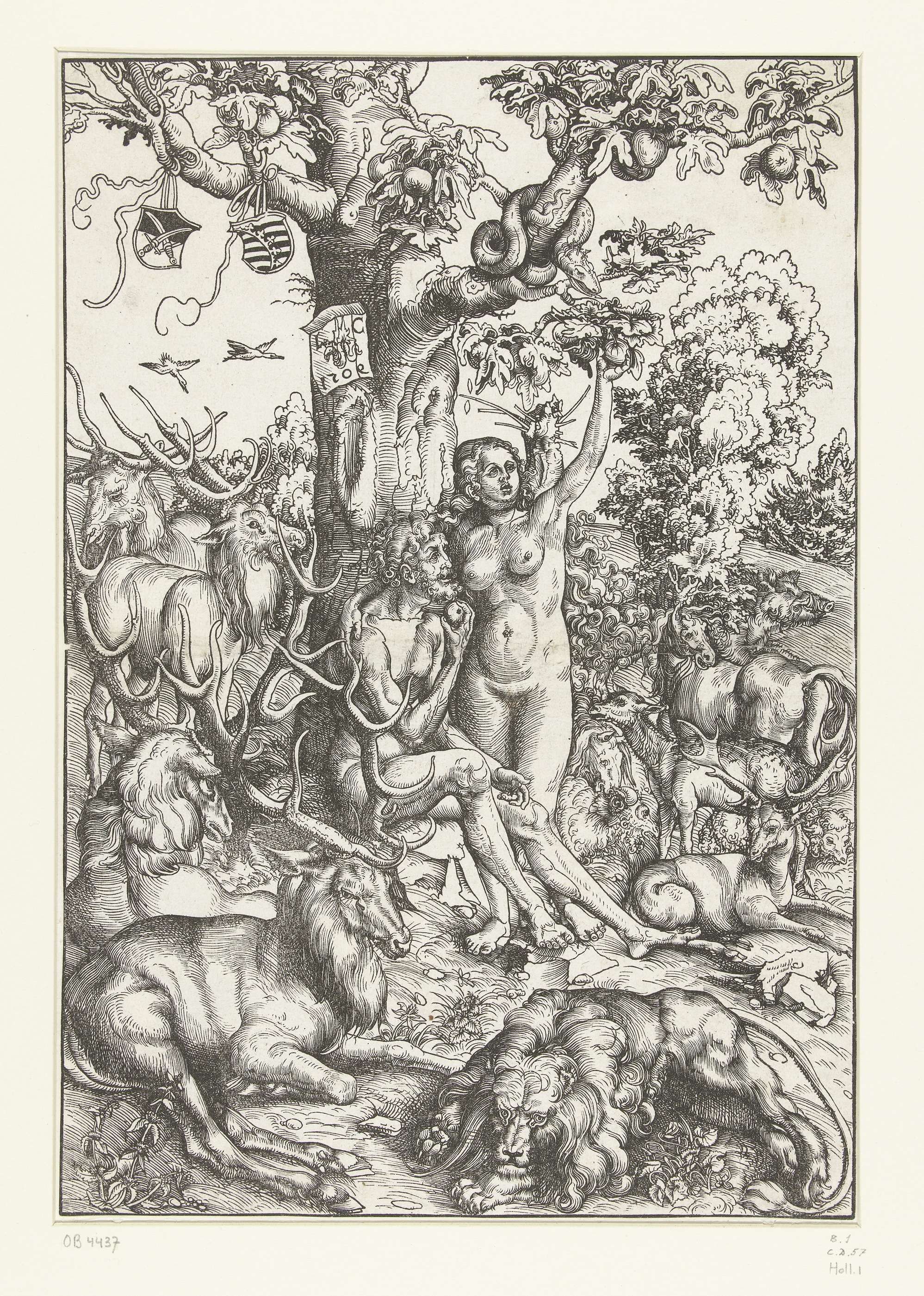 Adam en Eva omringd door dieren in paradijs, by Lucas Cranach (I), public domain