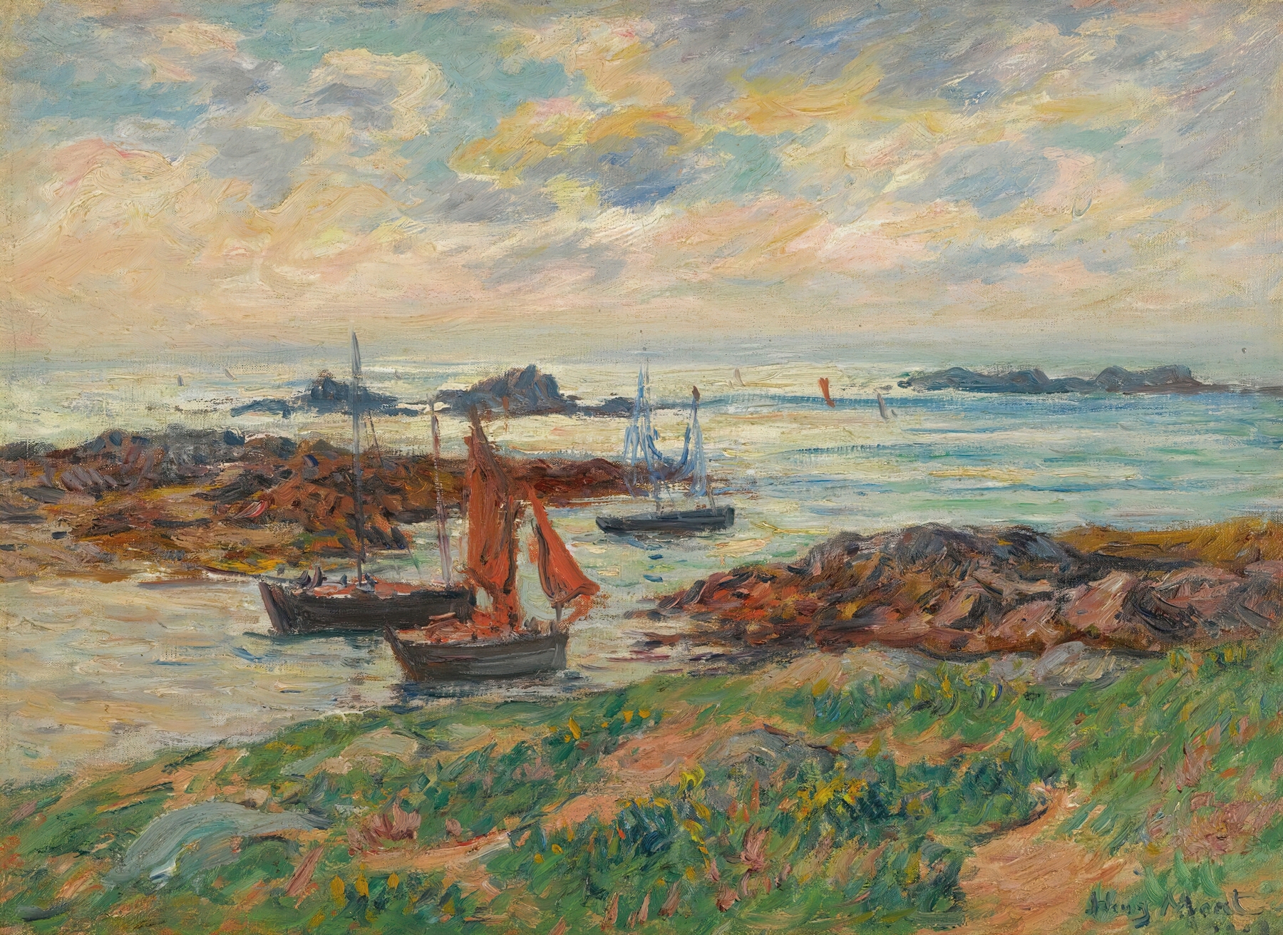 Marine landscape by Henry Moret, oil on canvas, featuring ocean and sky.