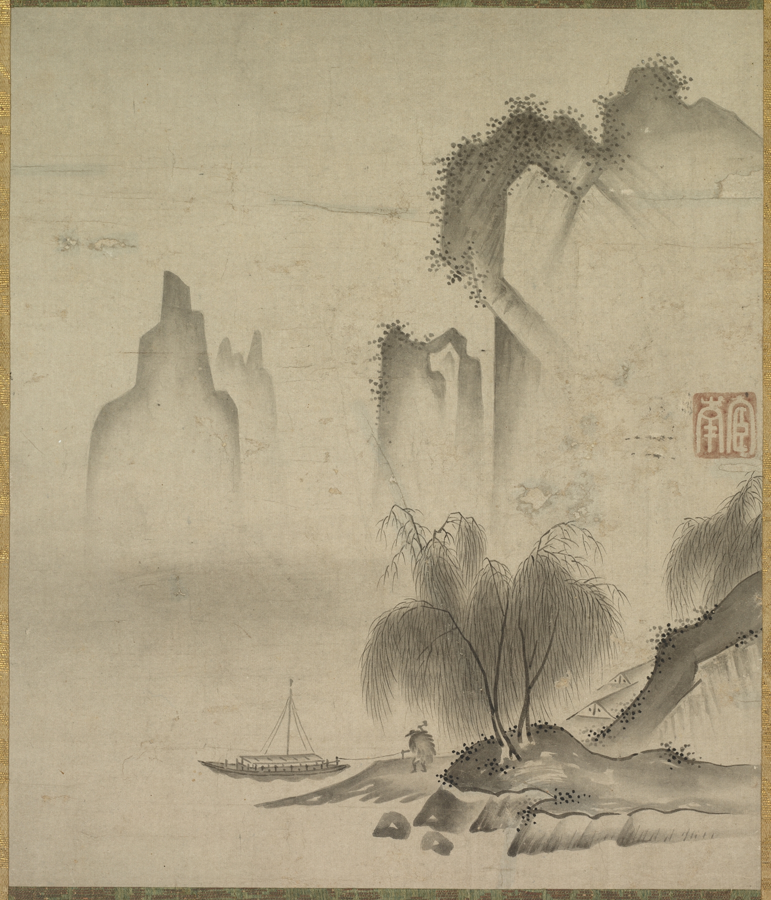 Figure Mooring a Boat by Kannan, oil painting depicting a figure securing a boat to the shore.