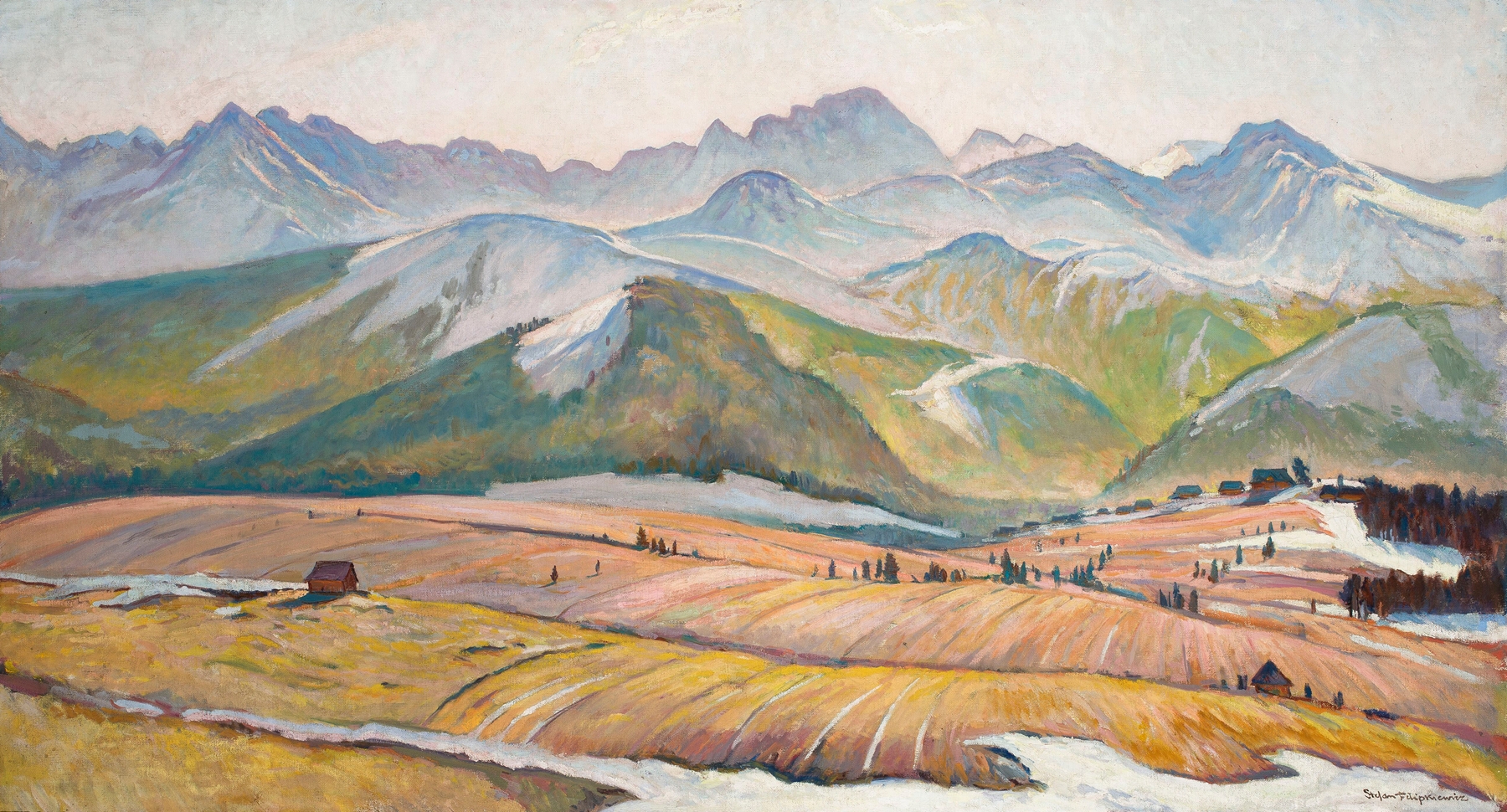 Landscape of Tatra Mountains with snow peaks, oil painting by Stefan Filipkiewicz