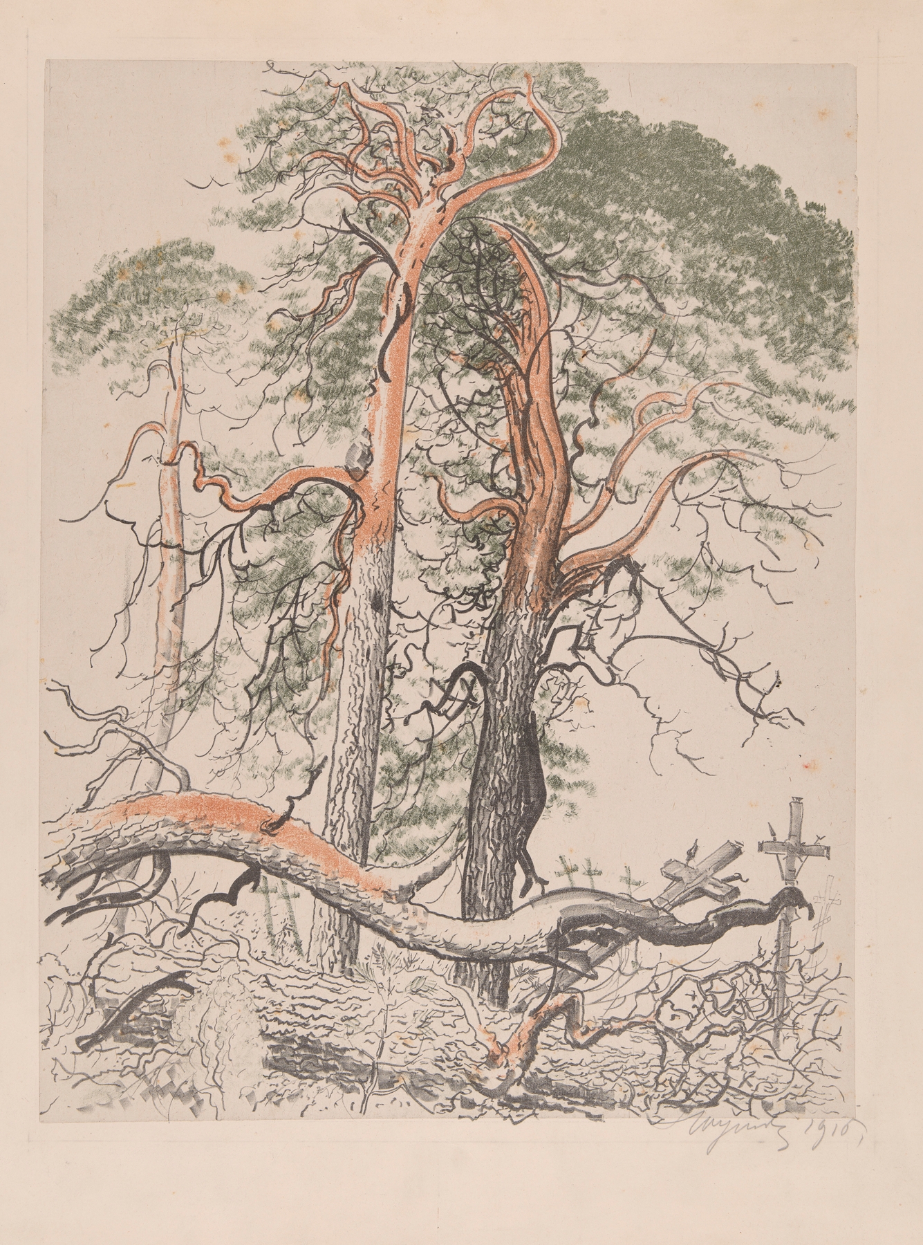 Graves of legionaries under tall pine trees, oil painting by Leon Wyczółkowski