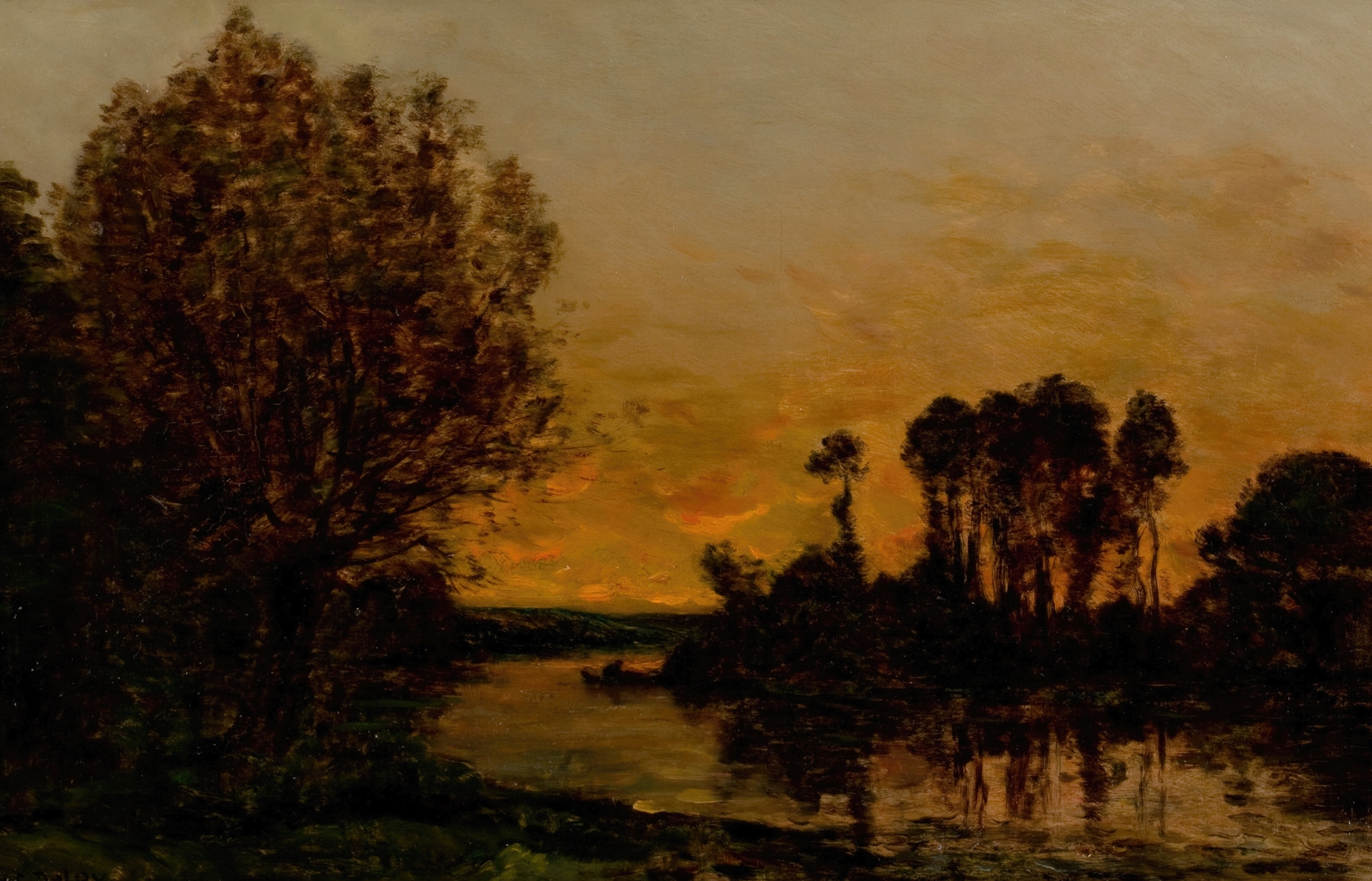 Landscape with sunset over water, oil painting by Hippolyte Camille Delpy