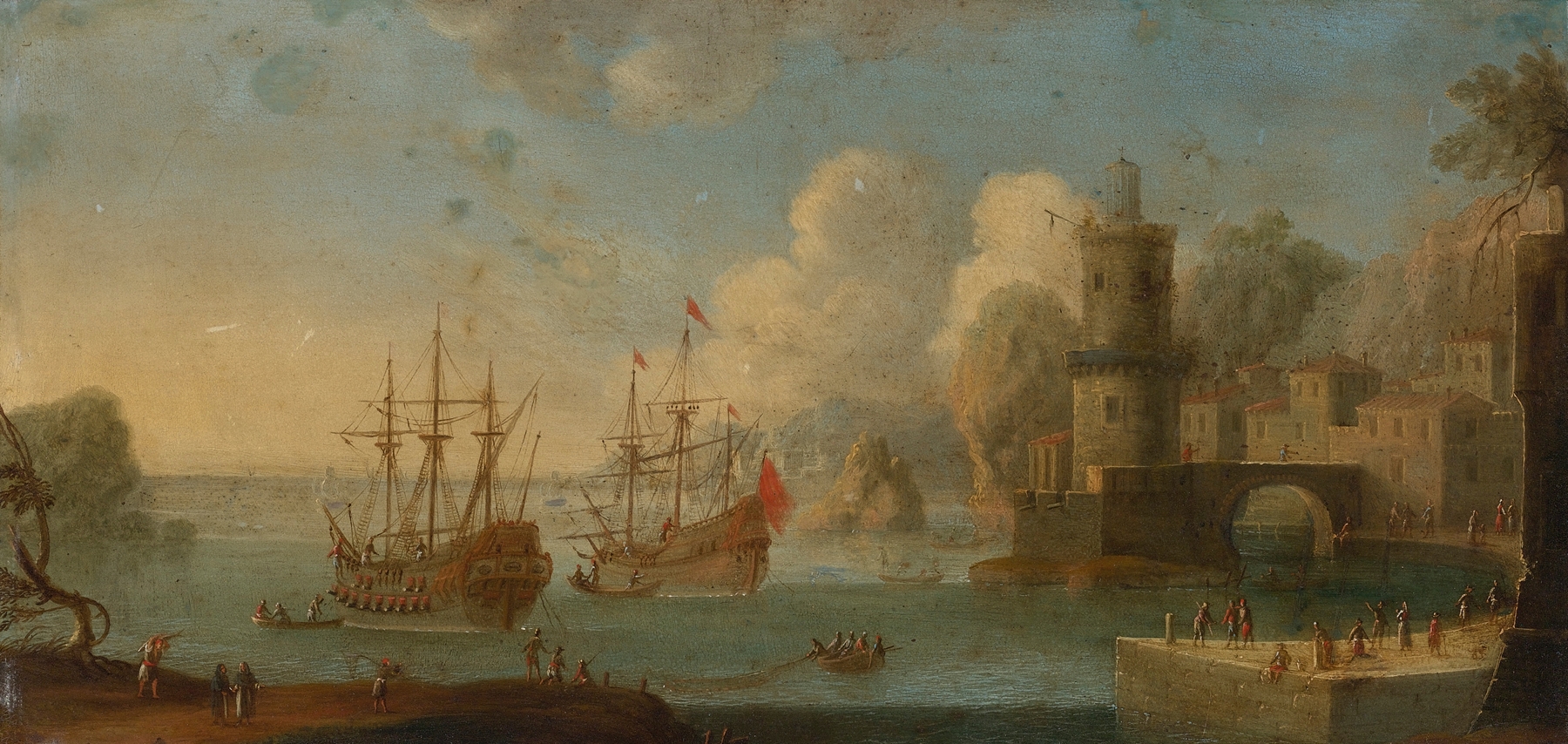 Neapolitan Port Scene by Tommaso Ruiz, oil painting depicting boats at sunset on shimmering waters.