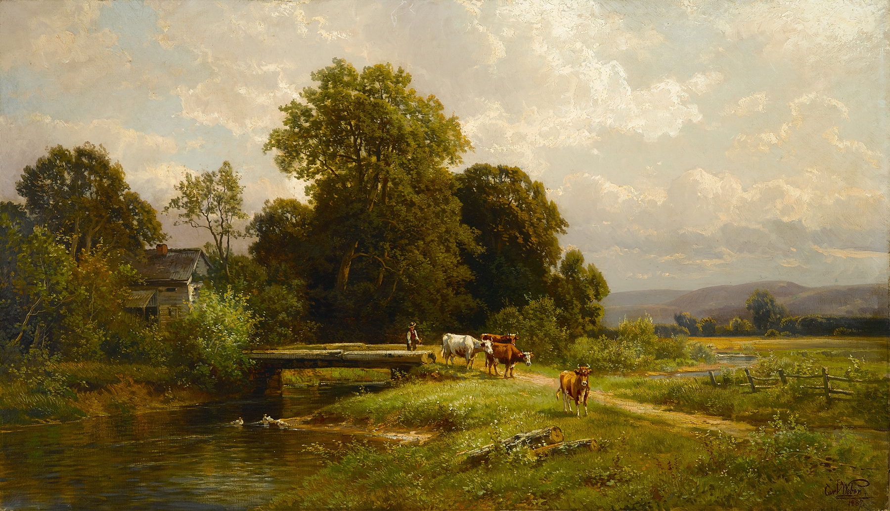 Driving the Cattle Home by Carl Weber, oil painting depicting cattle in a serene landscape