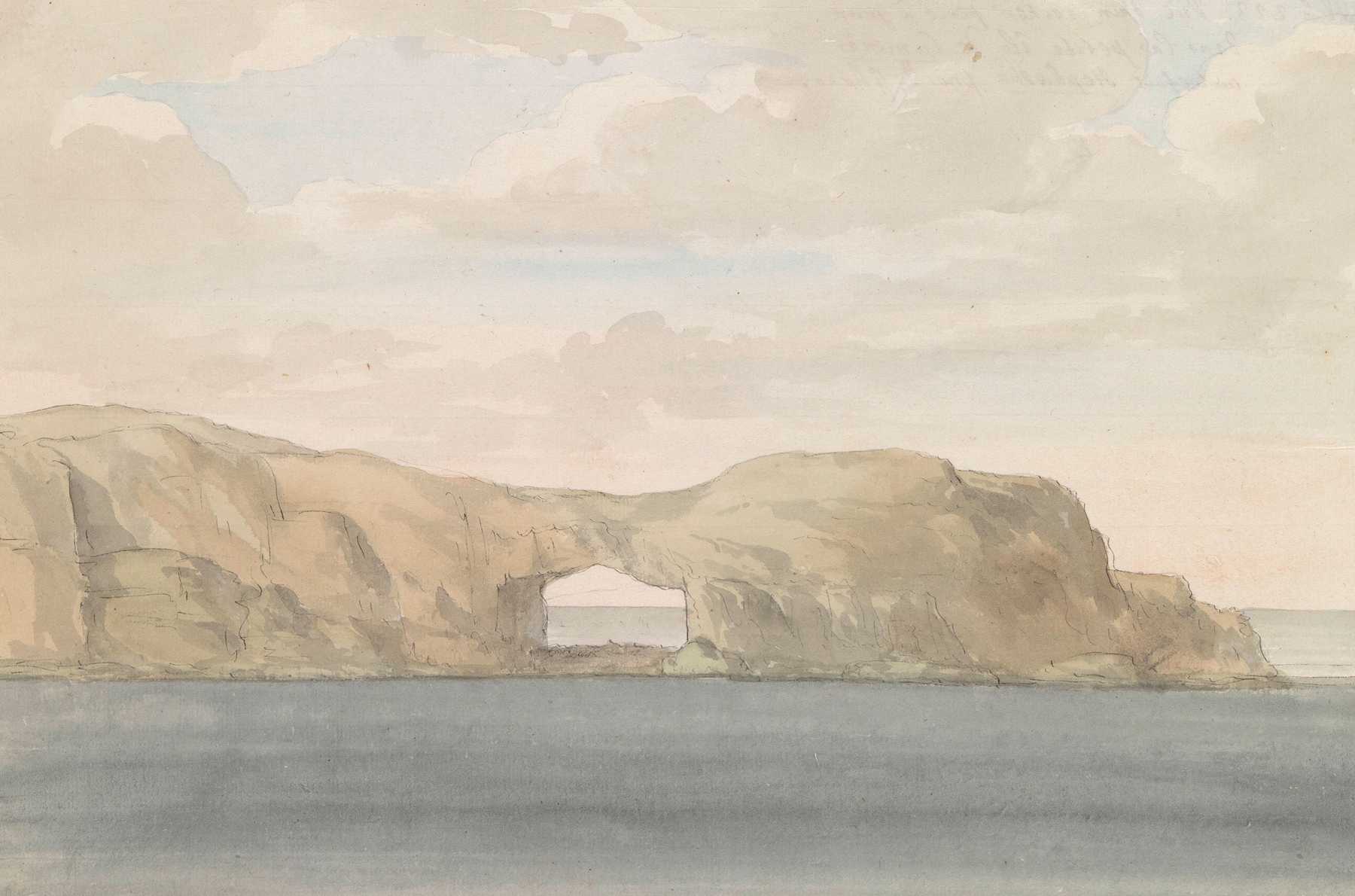 Watercolour by Abraham-Louis-Rodolphe Ducros depicting cliffs, sea, and sky