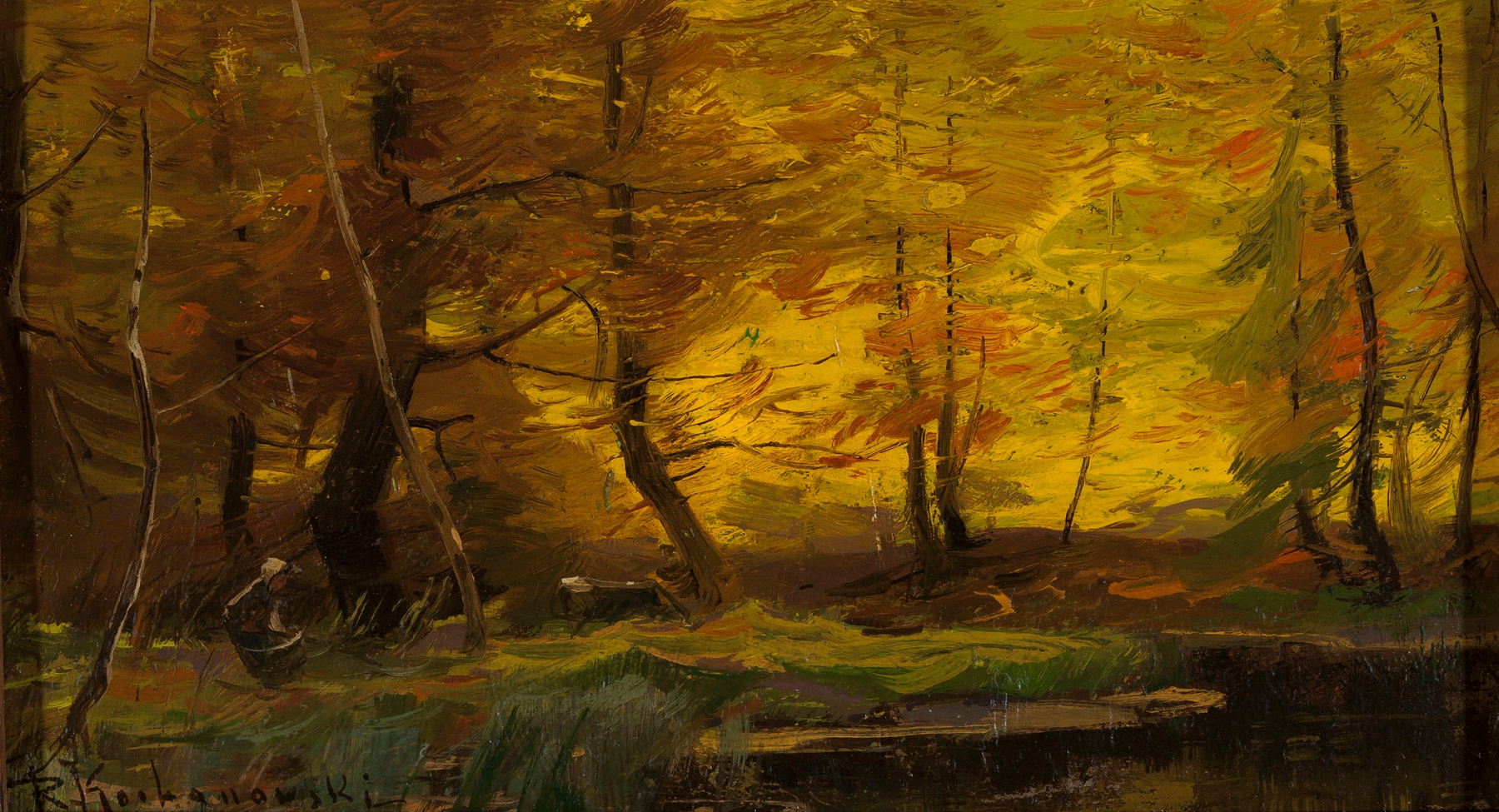 Forest landscape by Roman Kazimierz Kochanowski, oil on canvas featuring lush greenery and dappled sunlight.