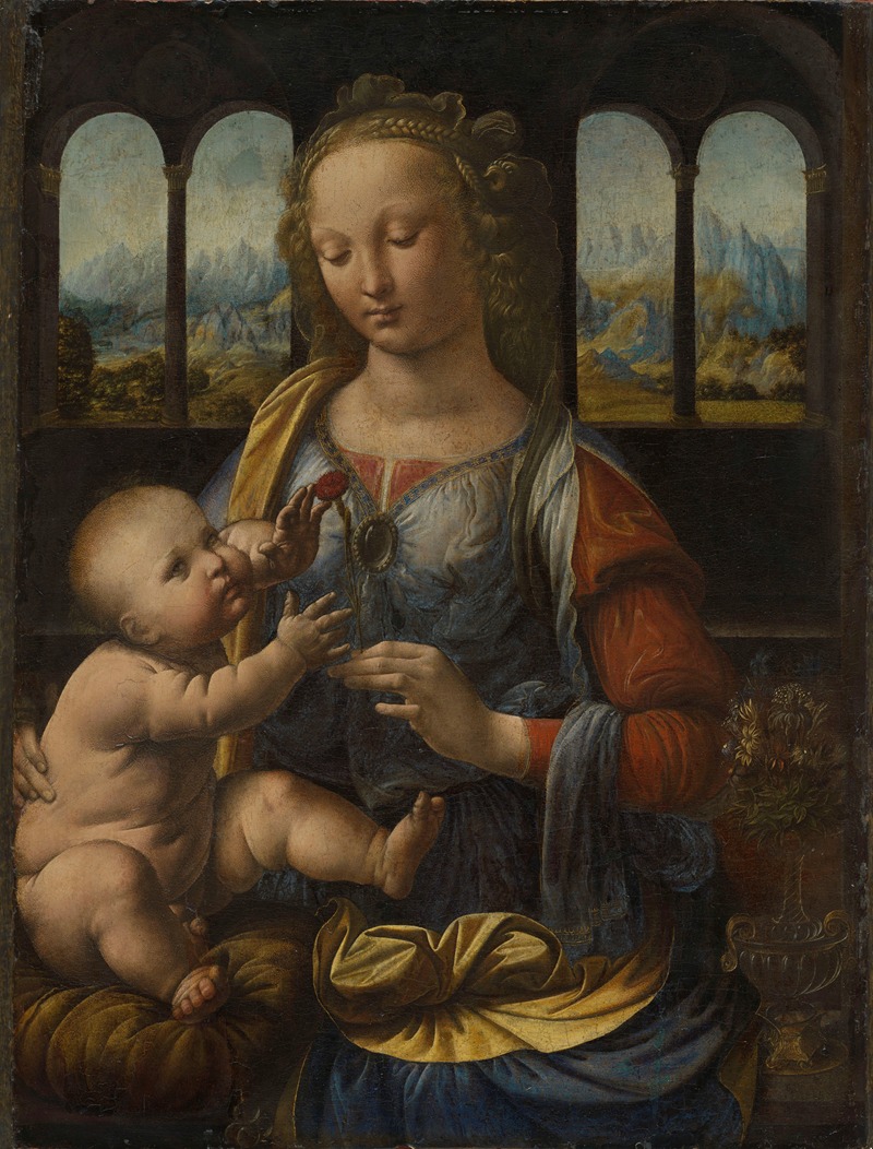 Leonardo da Vinci's 'Madonna of the Carnation' features a serene Virgin Mary holding the Christ Child.
