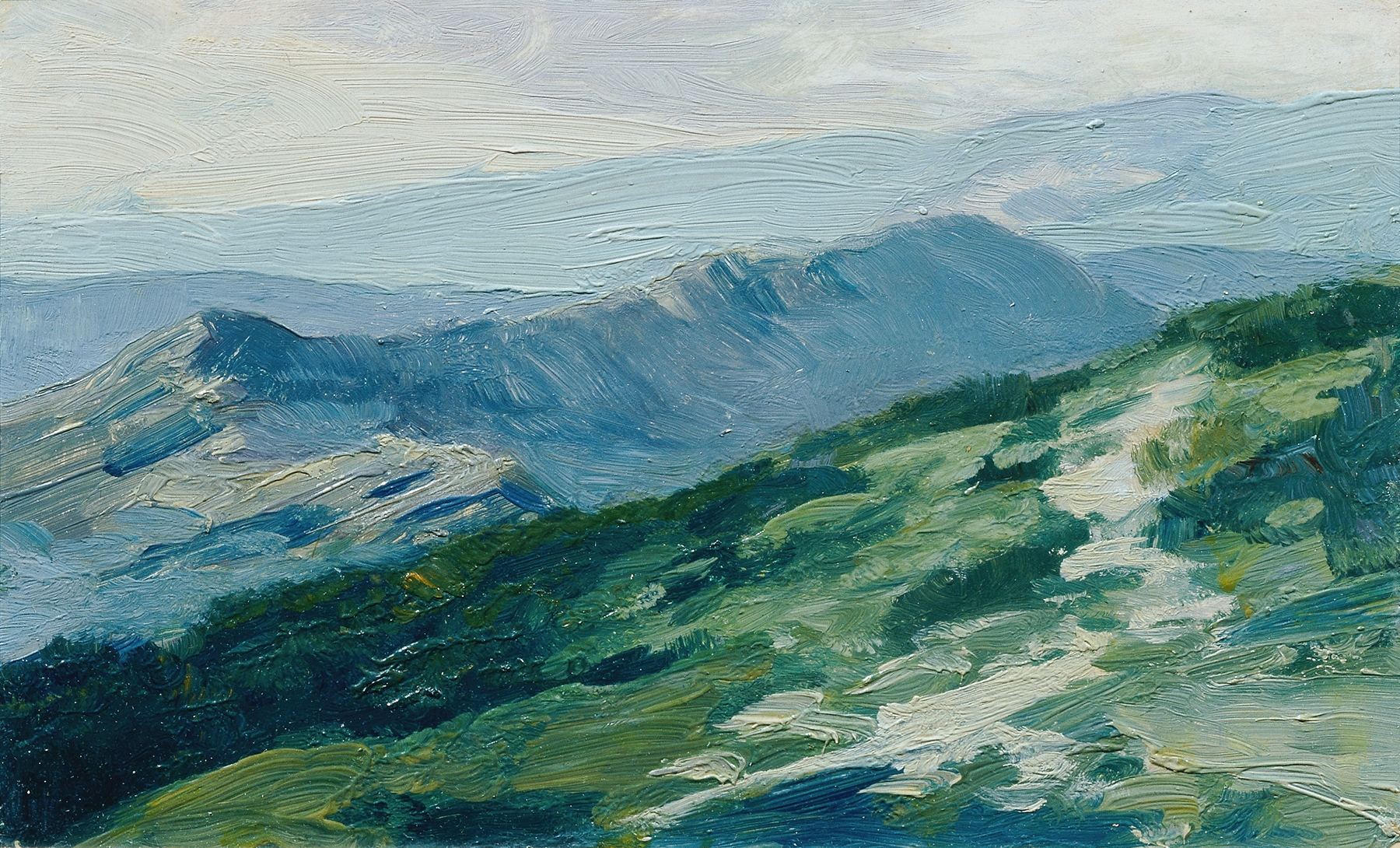 Riesengebirge by Ferdinand Engelmüller, oil on canvas depicting mountains and a tranquil landscape.