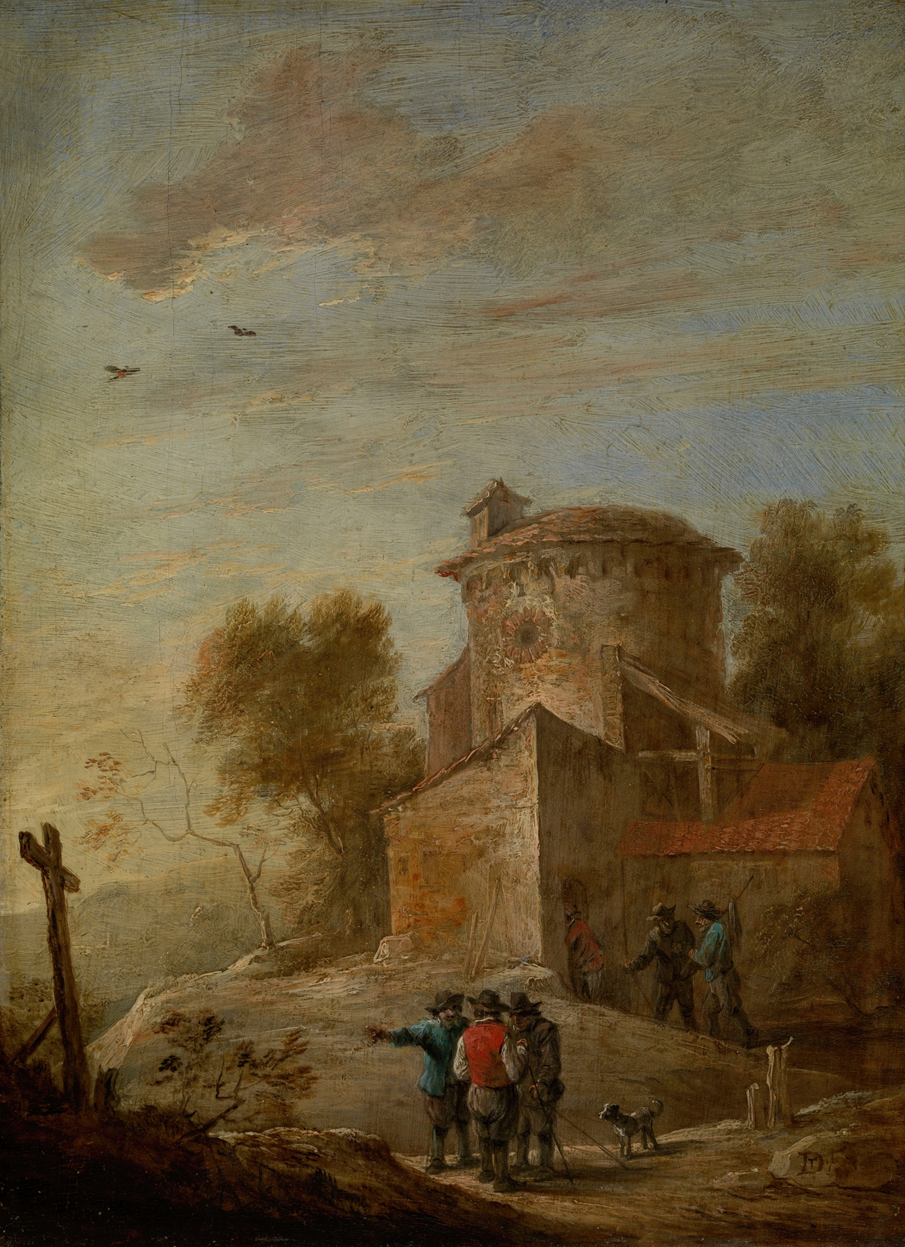 Figurative oil painting by David Teniers the Younger depicting a solitary figure in deep thought.