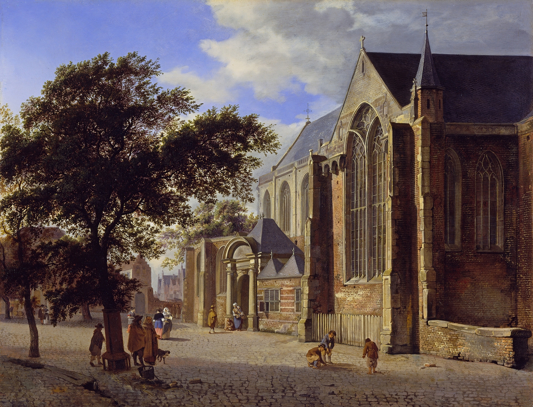 Exterior of a Church by Jan van der Heyden, oil on canvas, featuring a church spire and sunlight.