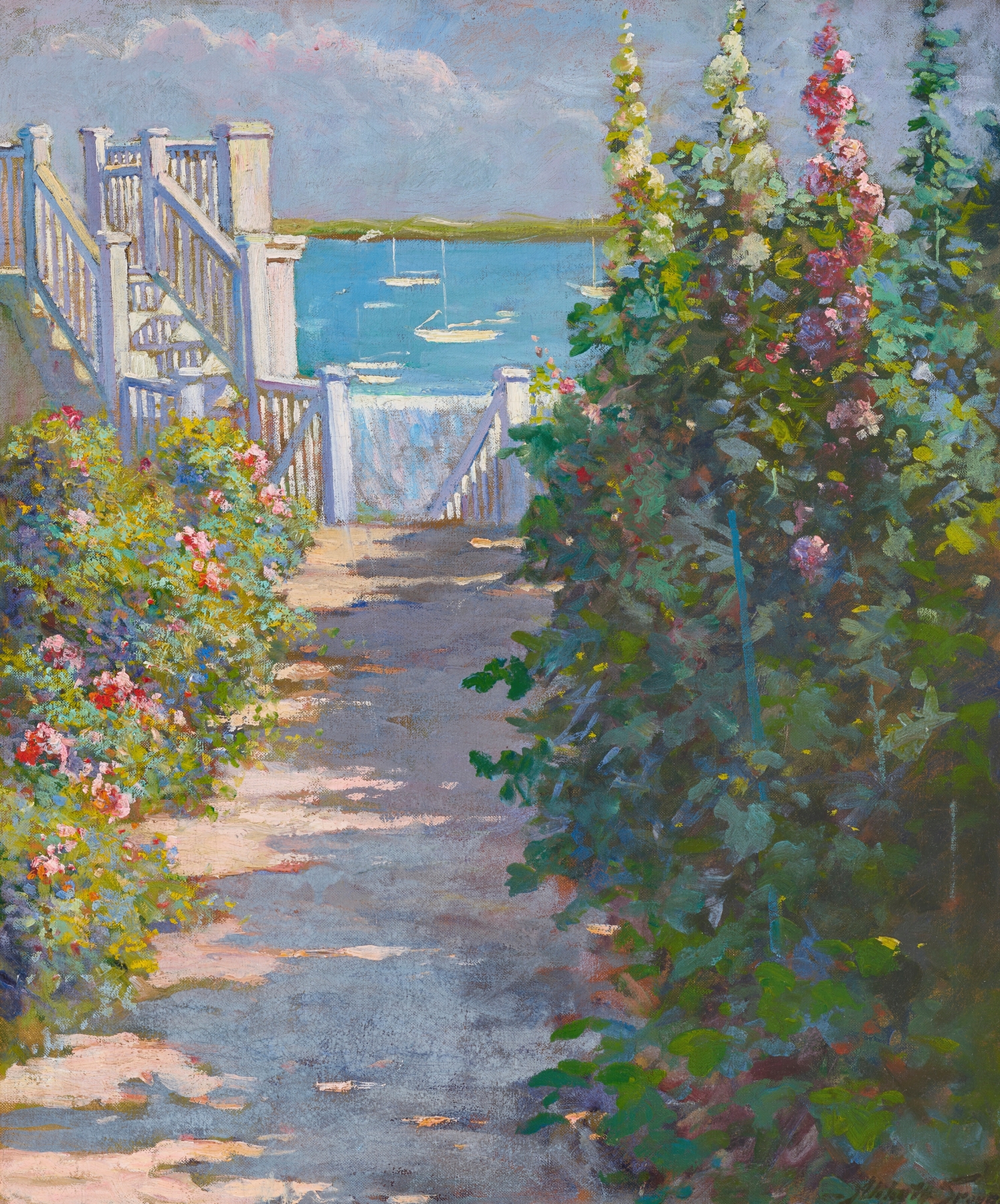 Marine scene with craggy rocks and shimmering water, oil painting by Abbott Fuller Graves
