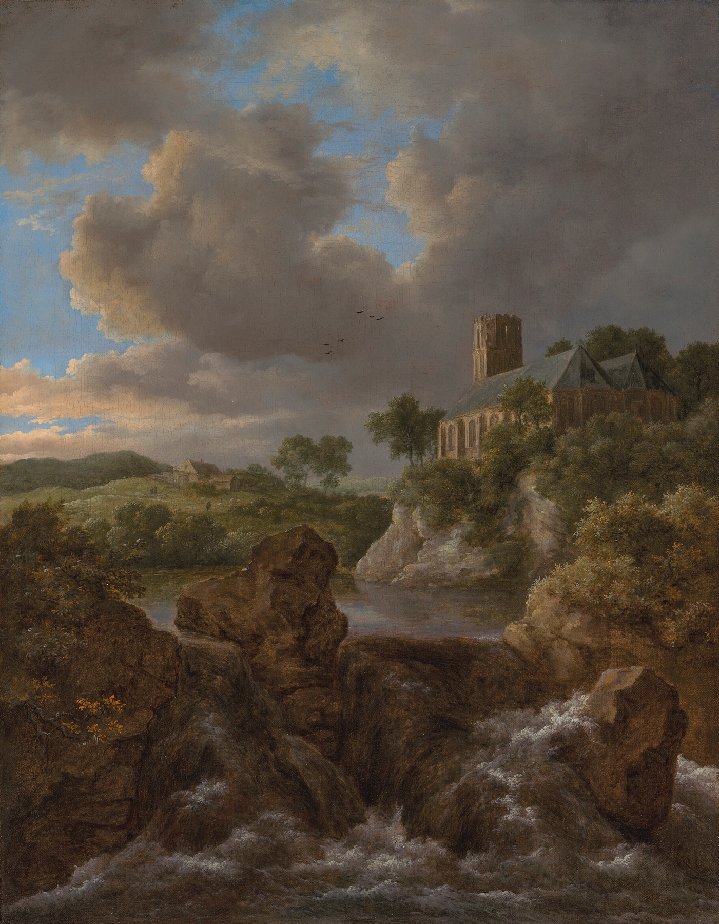 A wooded river landscape with a waterfall, a church and farm beyond, by Jacob van Ruisdael, public domain