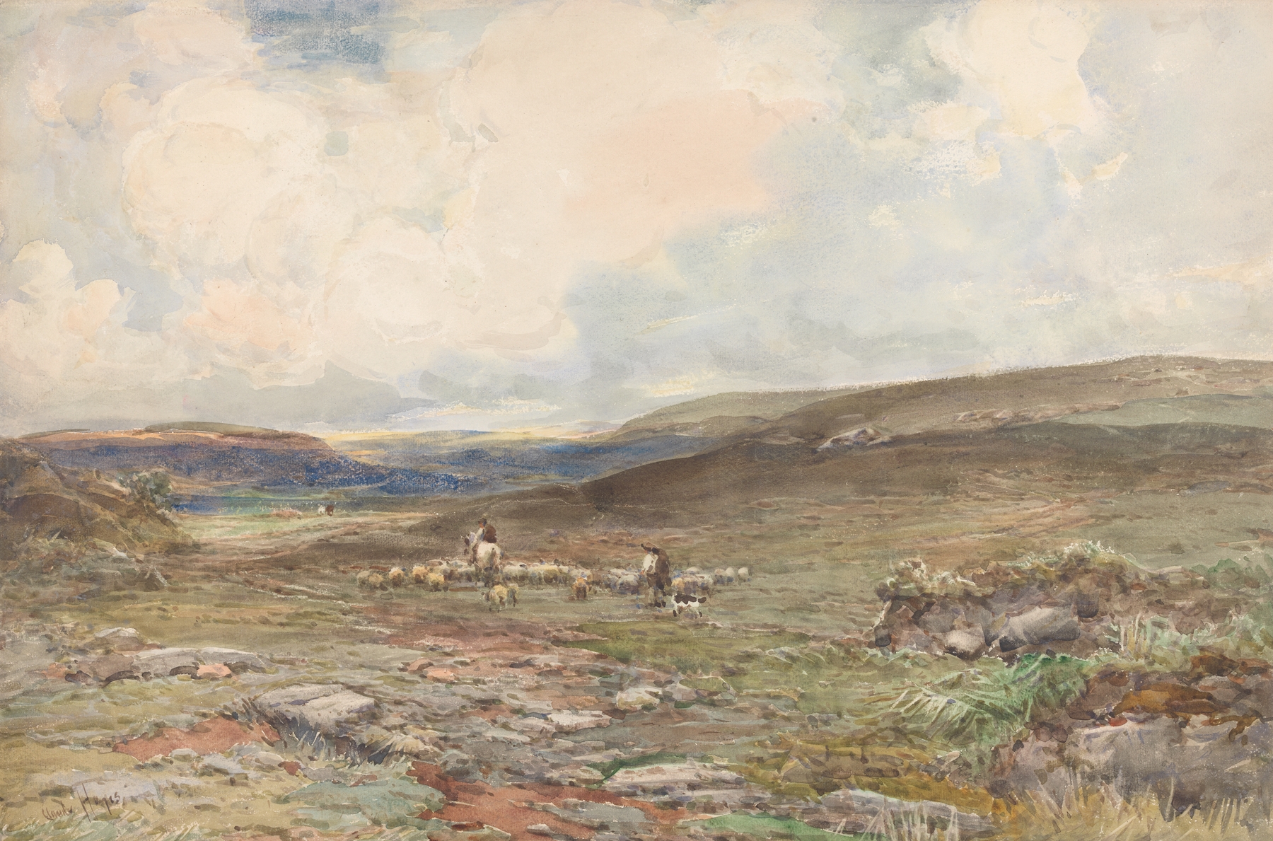 Moorland landscape with sheep and a shepherd, oil painting by Claude Hayes
