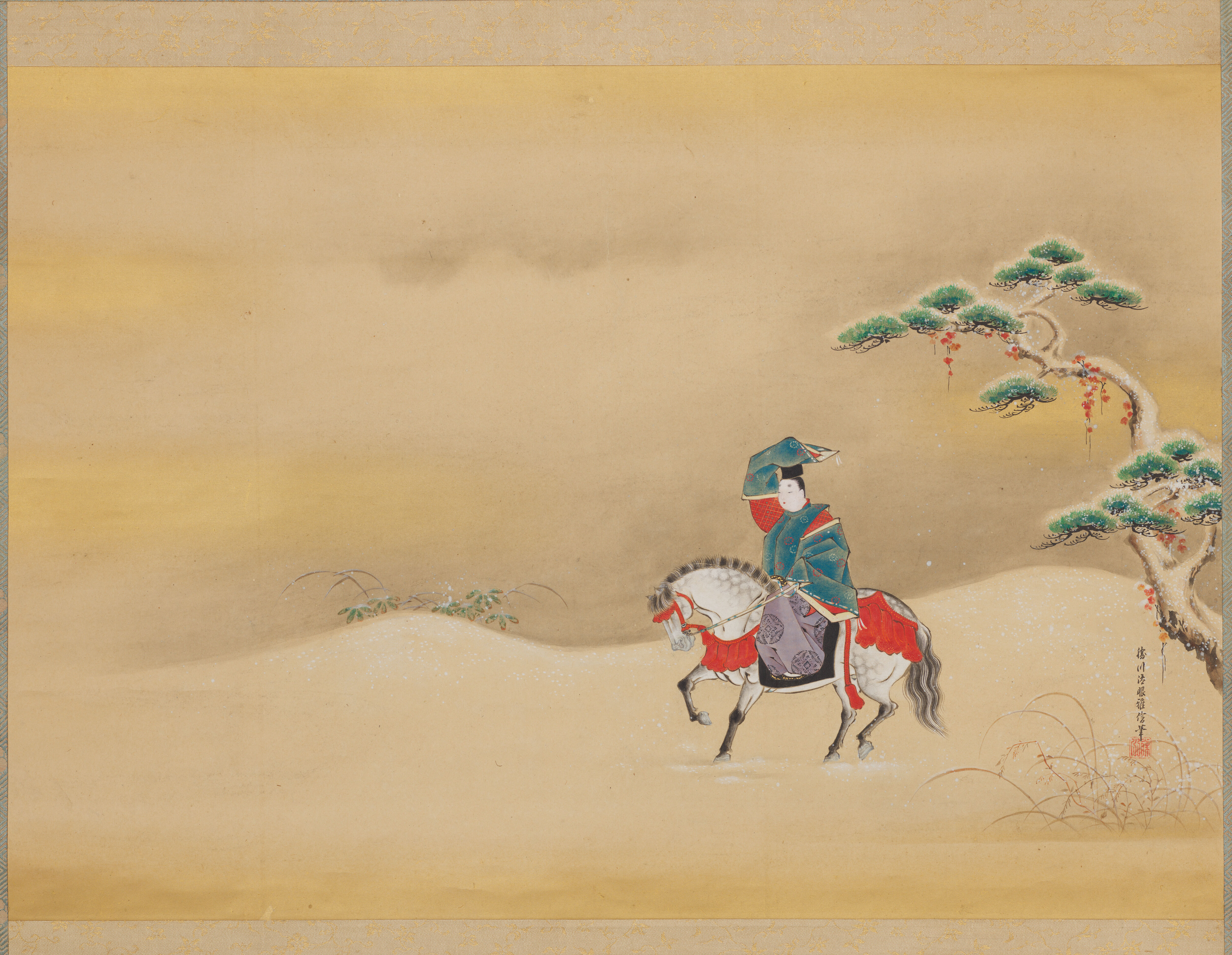 Horseman riding in a snowy landscape, gold medium, unknown artist