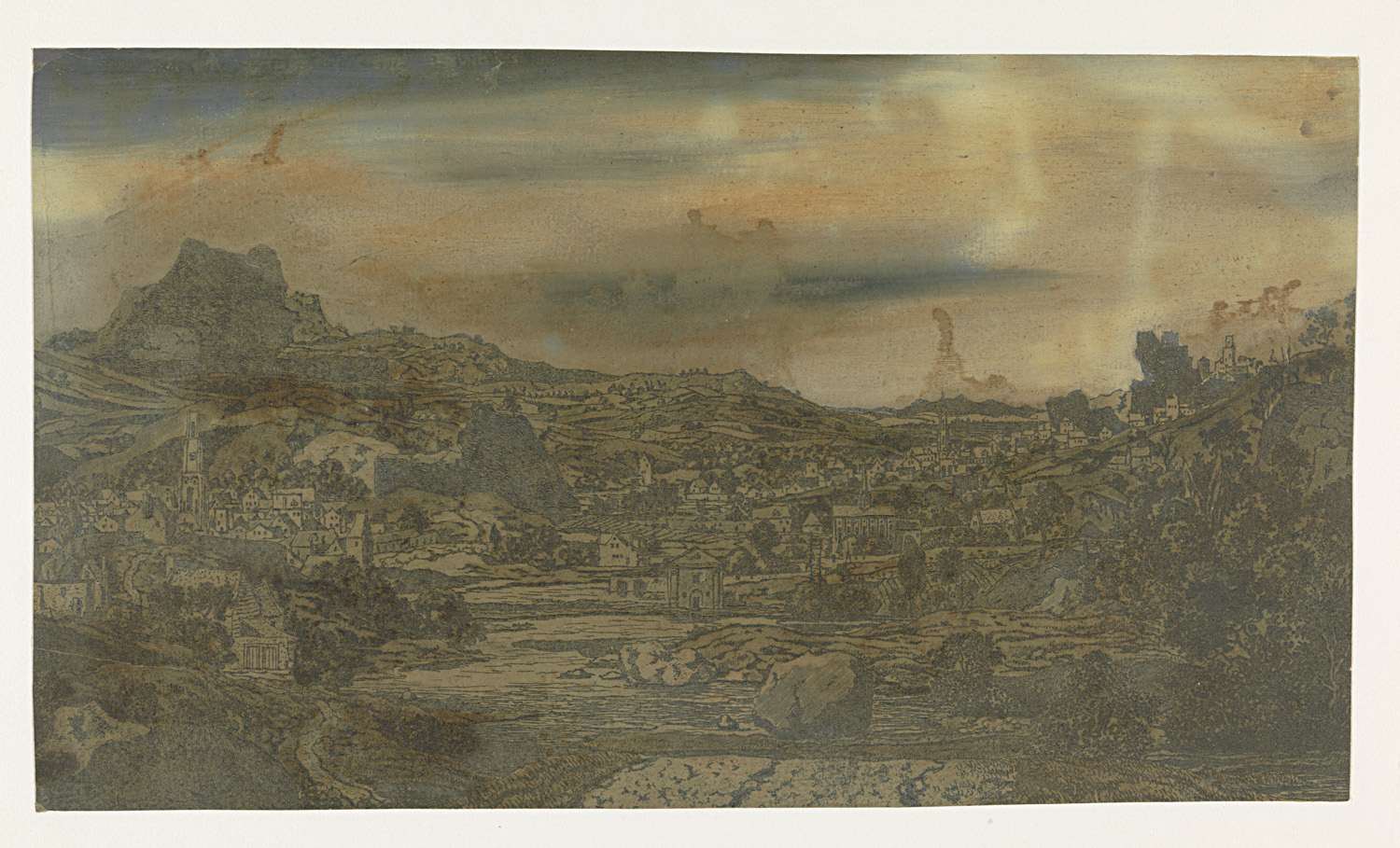 Landscape with a river and a town featuring four towers, etching by Hercules Segers